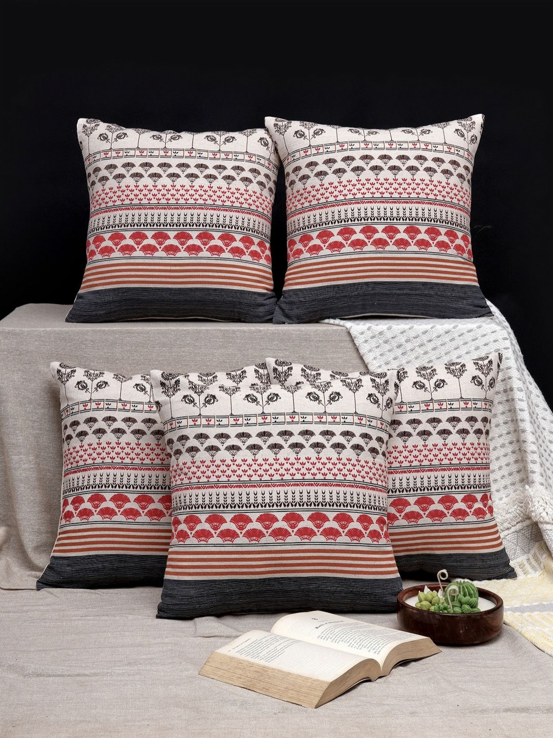 ANWYN Red & Black 5 Pcs Ethnic Motif Printed Cotton Square Cushion Covers