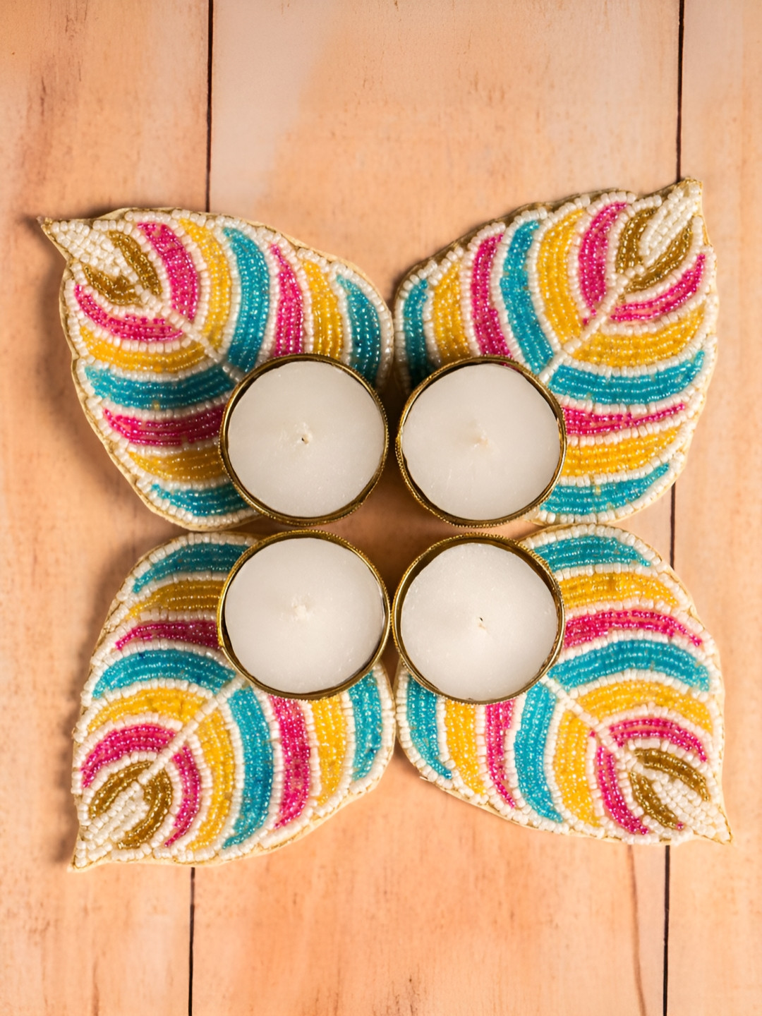 The Zappy Box Gold-Toned & Pink 4 Pieces Metal Leaf Candle Holder