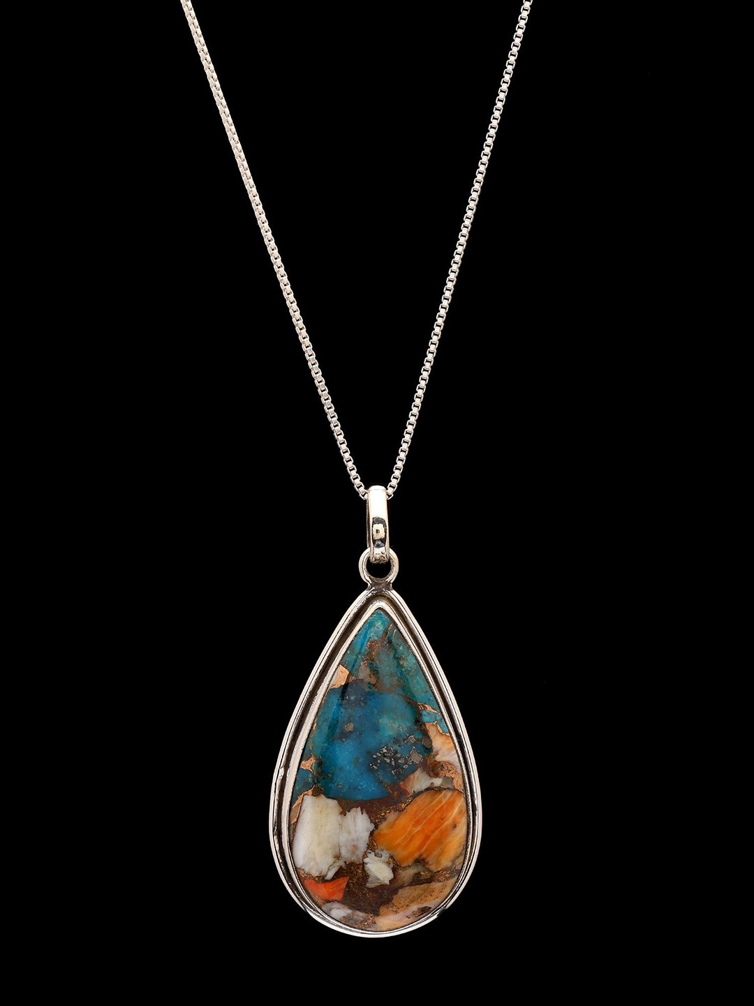 Exotic India Women Sterling Silver Turquoise Stone Studded Teardrop Shaped Oyster Pendant