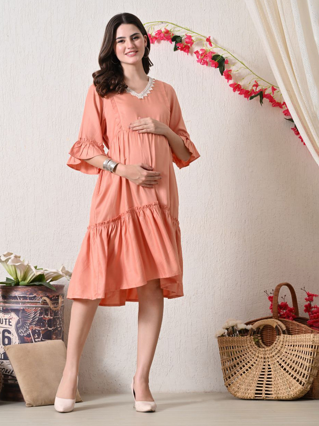 Aaruvi Ruchi Verma Women Bell Sleeve Maternity Fit And Flare Dress