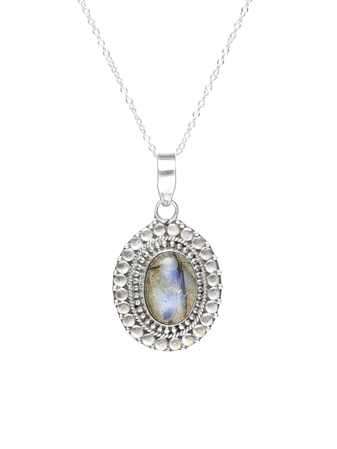 Exotic India Women Sterling Silver Labradorite Gemstone Studded Oval Shaped Pendant