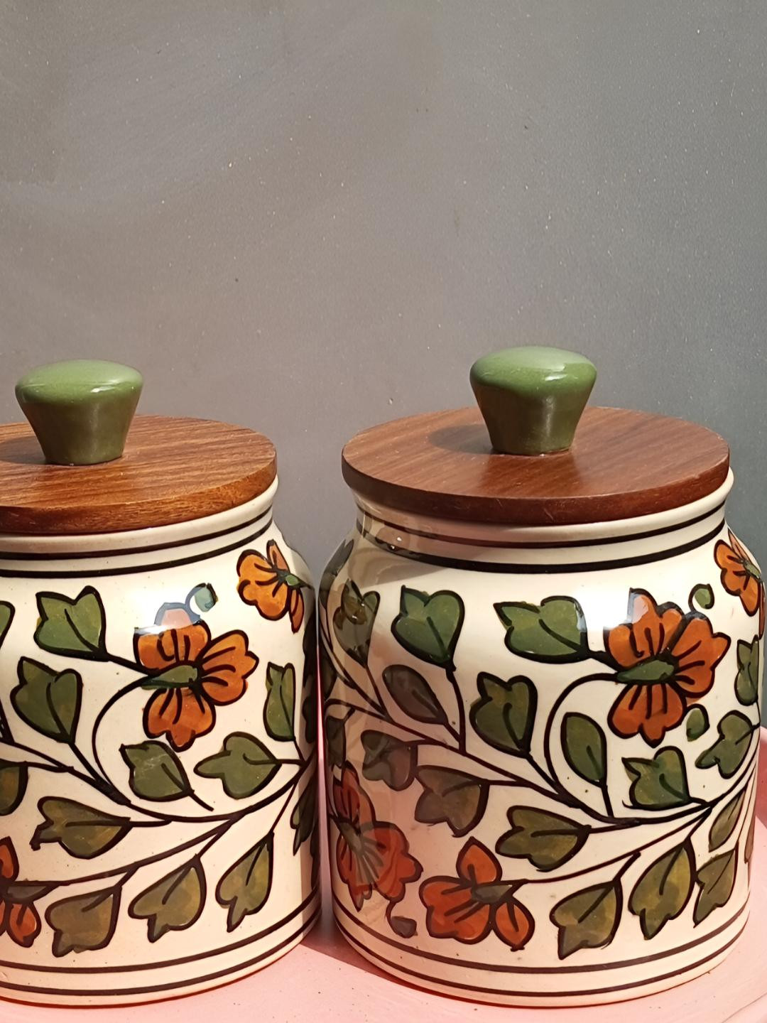 Lupaava White & Green 2 Pieces Floral Printed Ceramic Round Jar Container