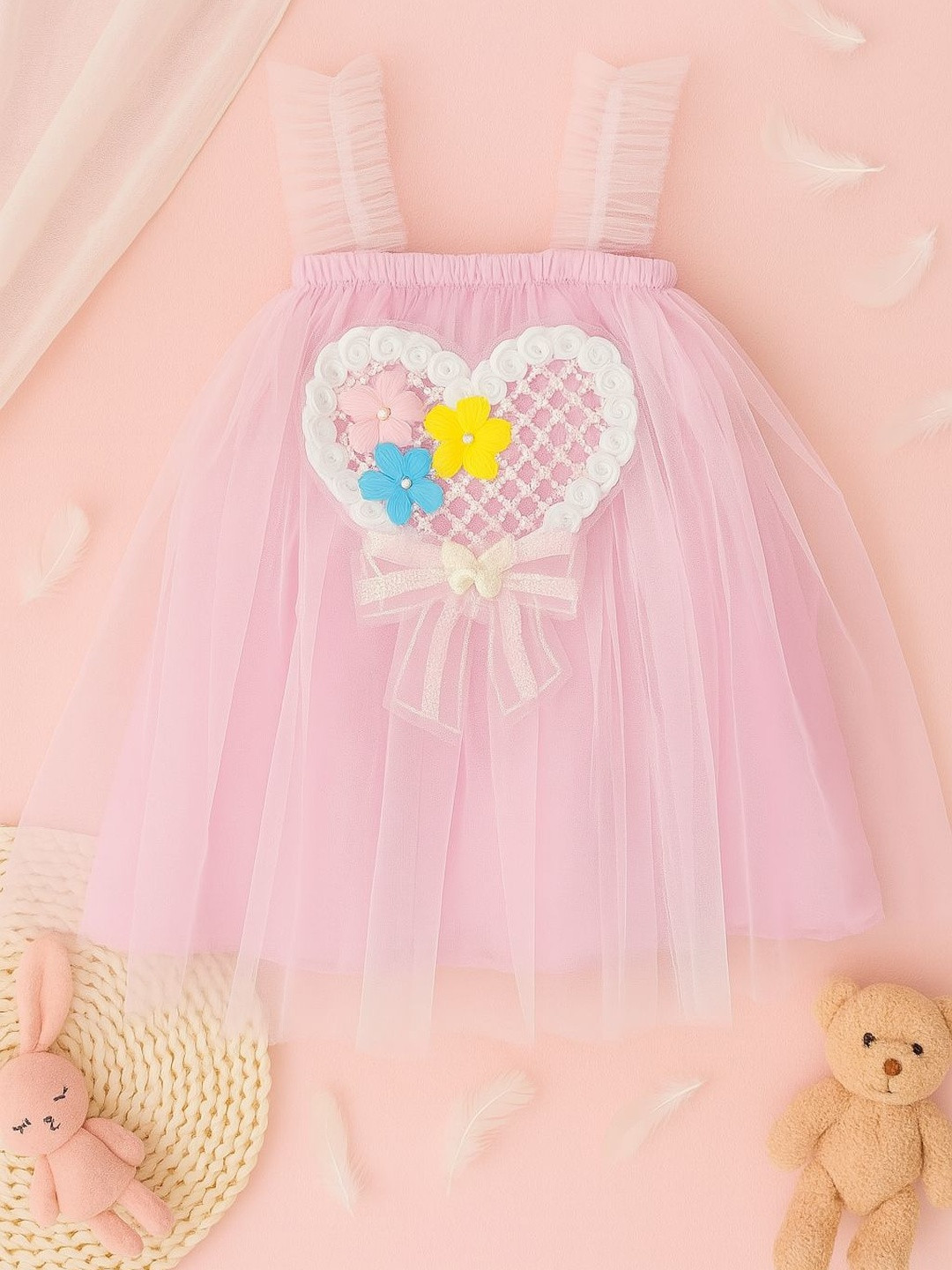 Teri Beri Girls Pink Sleeveless Square Neck Heart & Flower Design Nylon Tulle Dresses