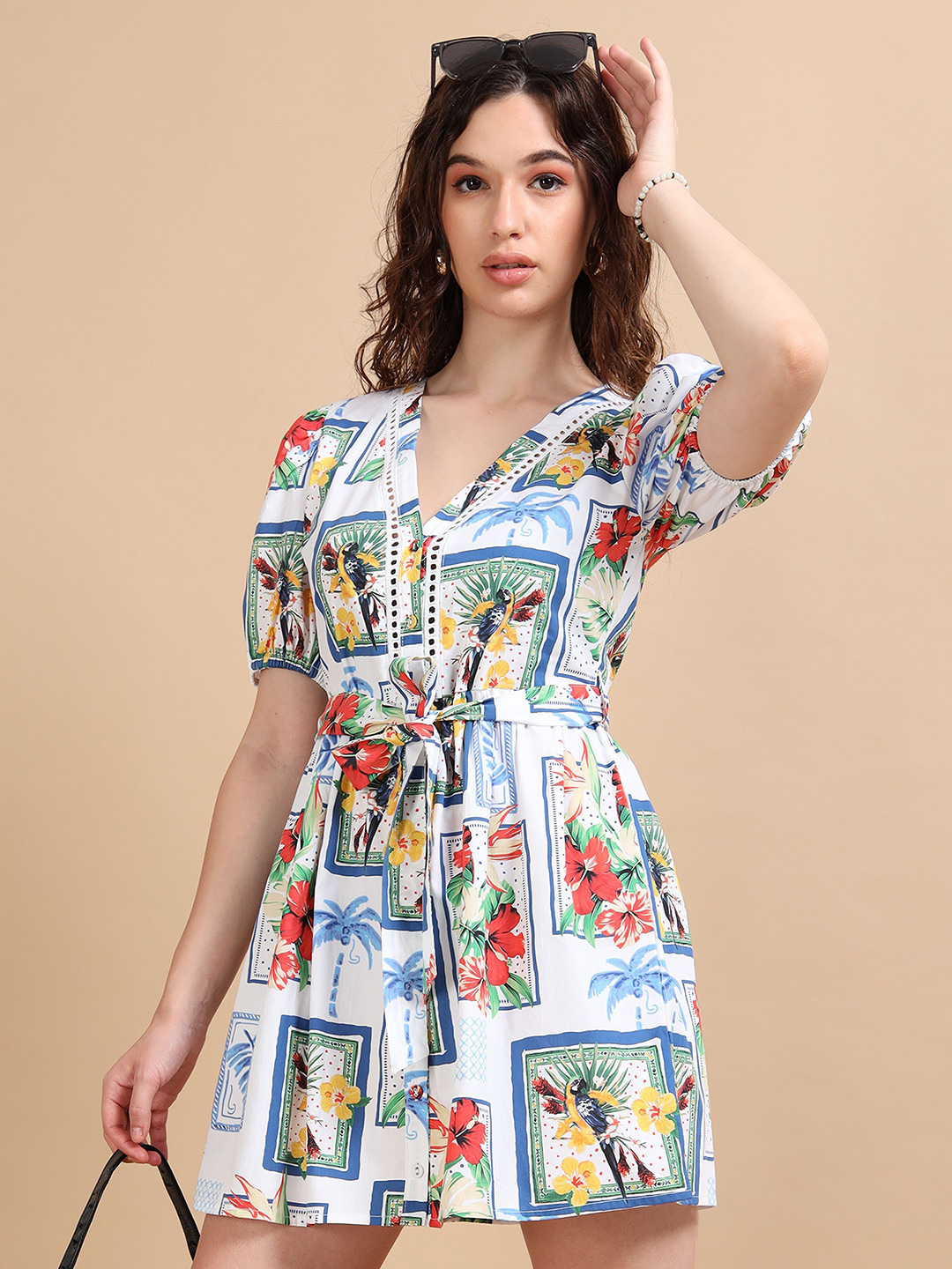 GLAM & CHIQUE Women's 100% Cotton Regular Fit Floral Printed Tie-up Midi Dress