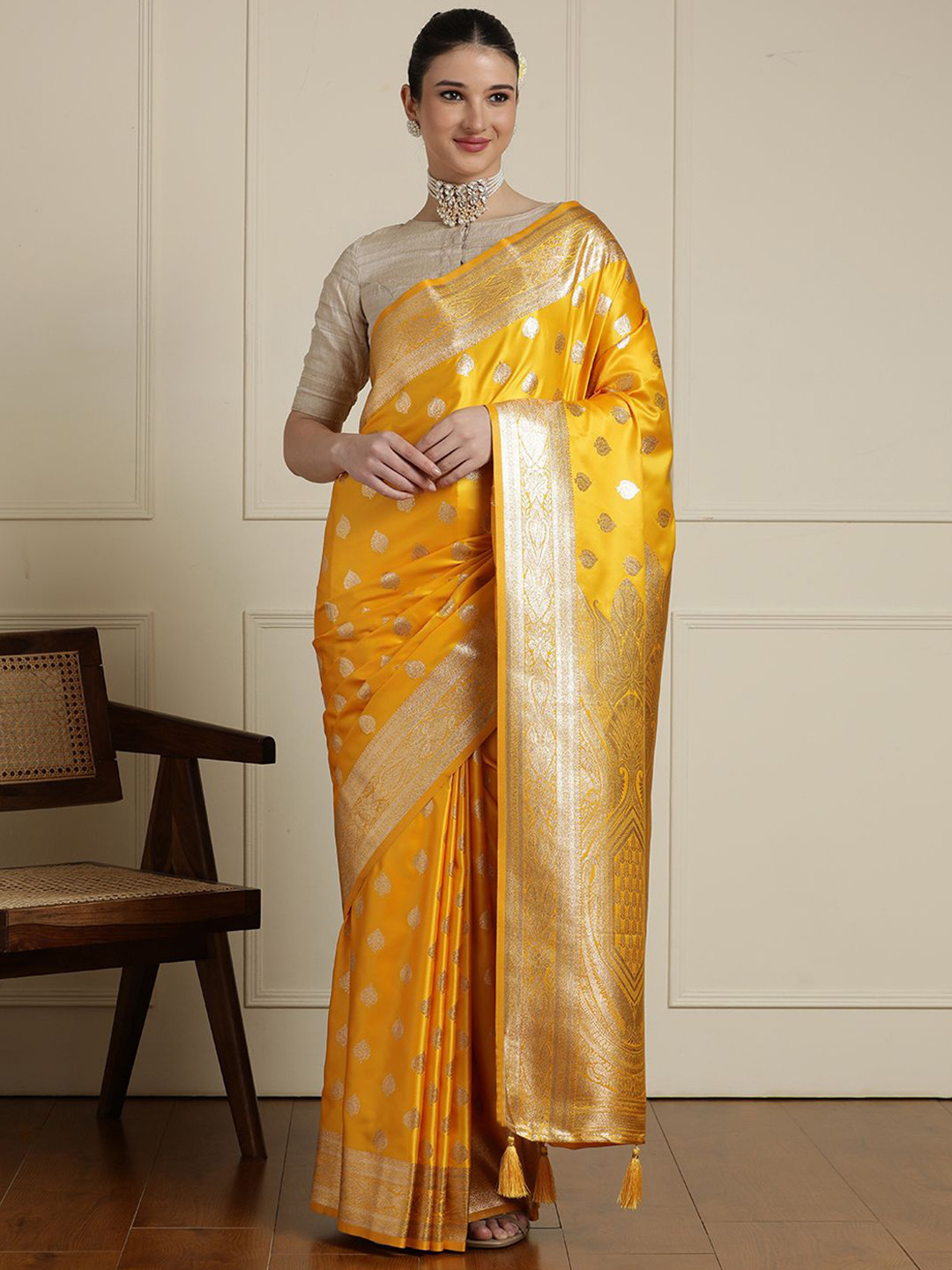House of Pataudi Ethnic Motif Woven Design Zari Banarasi Satin Silk Saree & Blouse Piece