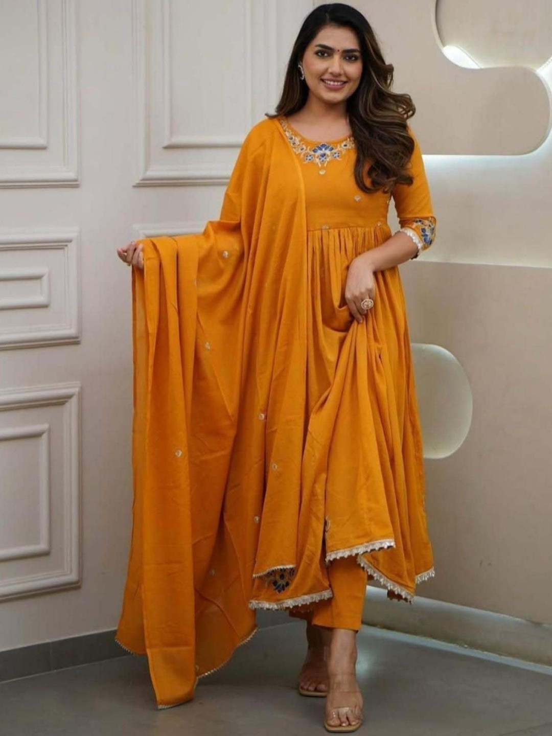 Shri pradha Floral Yoke Design Chanderi Cotton Anarkali Kurta With Trouser & Dupatta