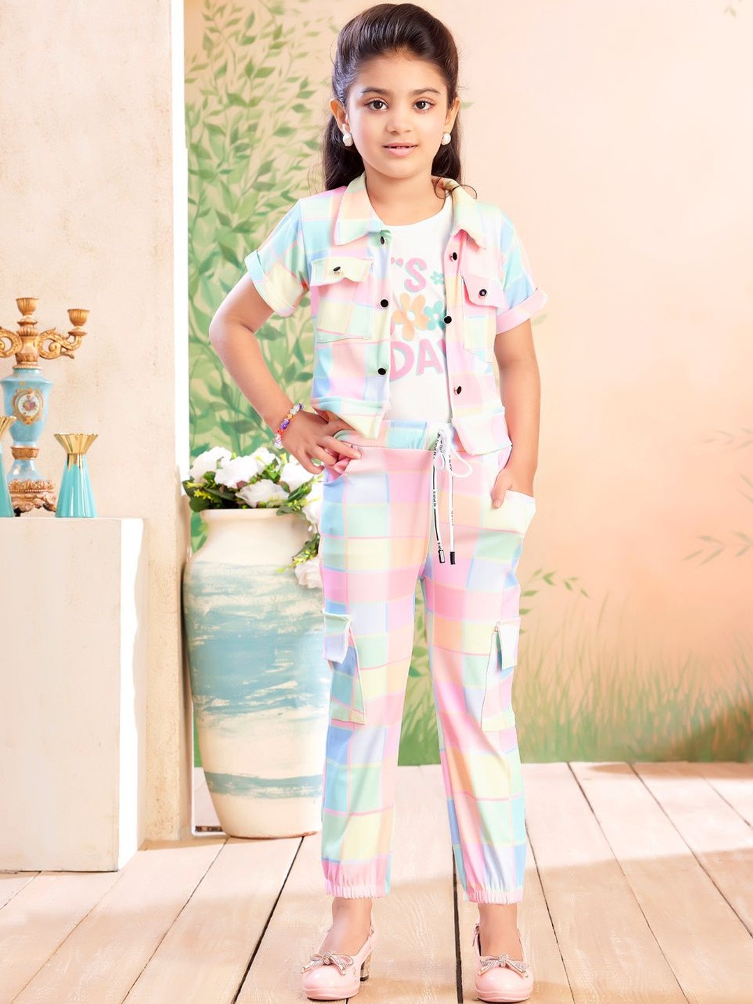 Muhuratam Girls Pink Checked T-shirt With Trousers Clothing Set