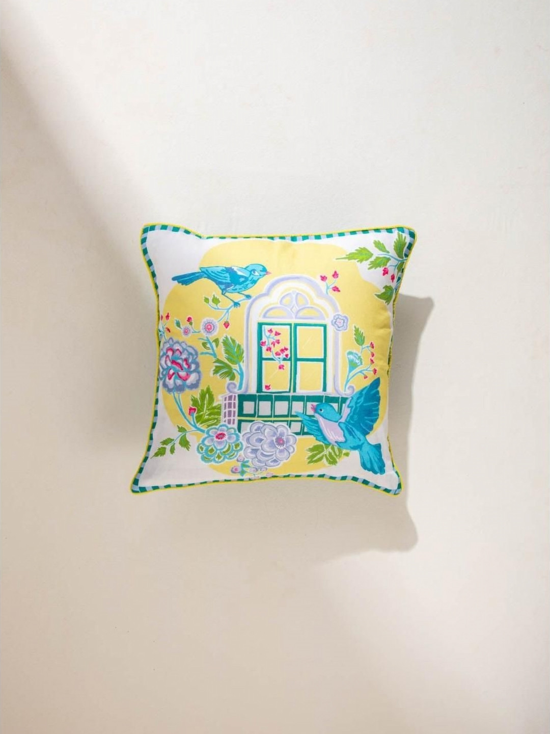 FREEDOM TREE Damask Birds Yellow & White Printed Cotton Square Cushion Cover