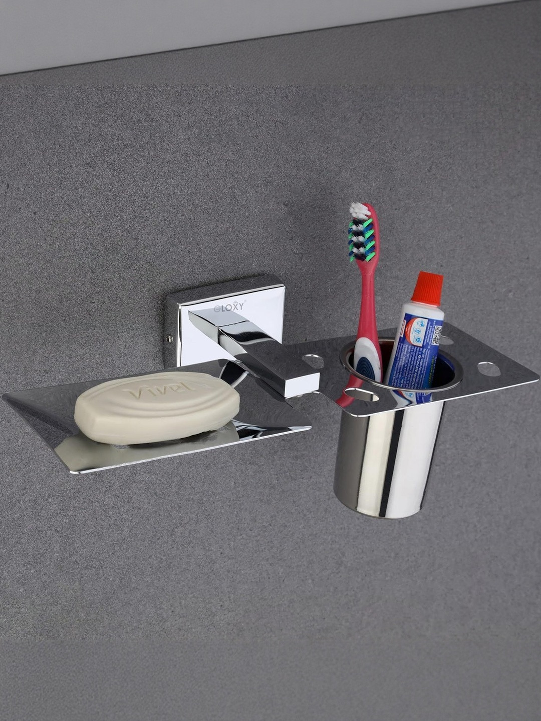 GLOXY Silver-Toned Solid Stainless Steel Tooth Brush & Soap Dish Holder