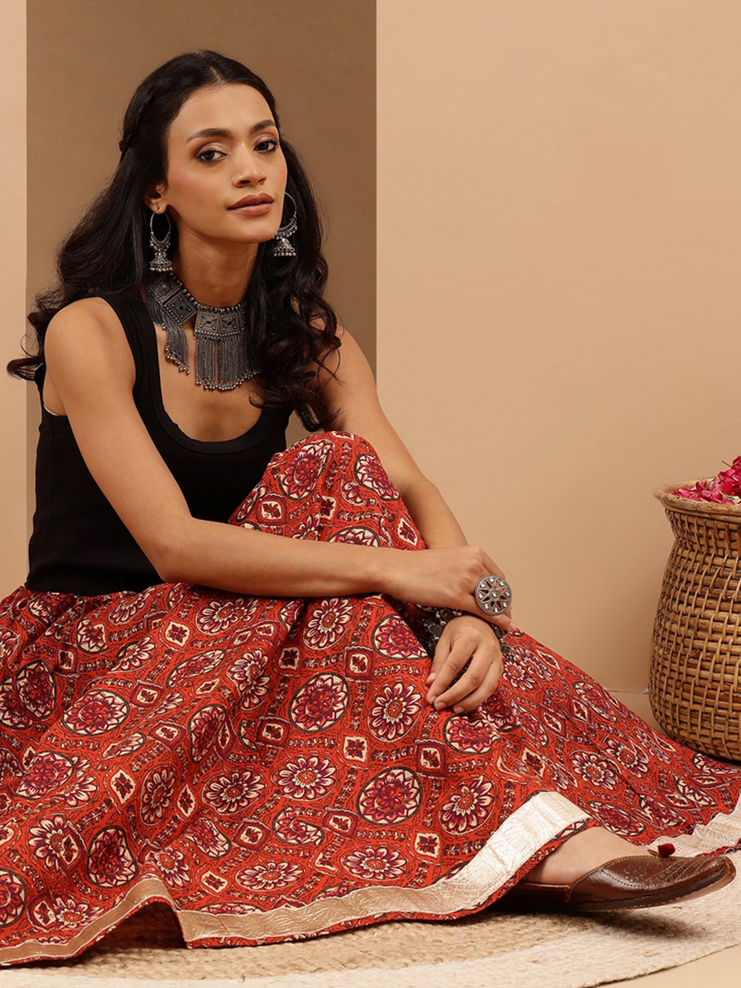 Janasya Women's Rust Pure Cotton Floral Printed Flared Skirt