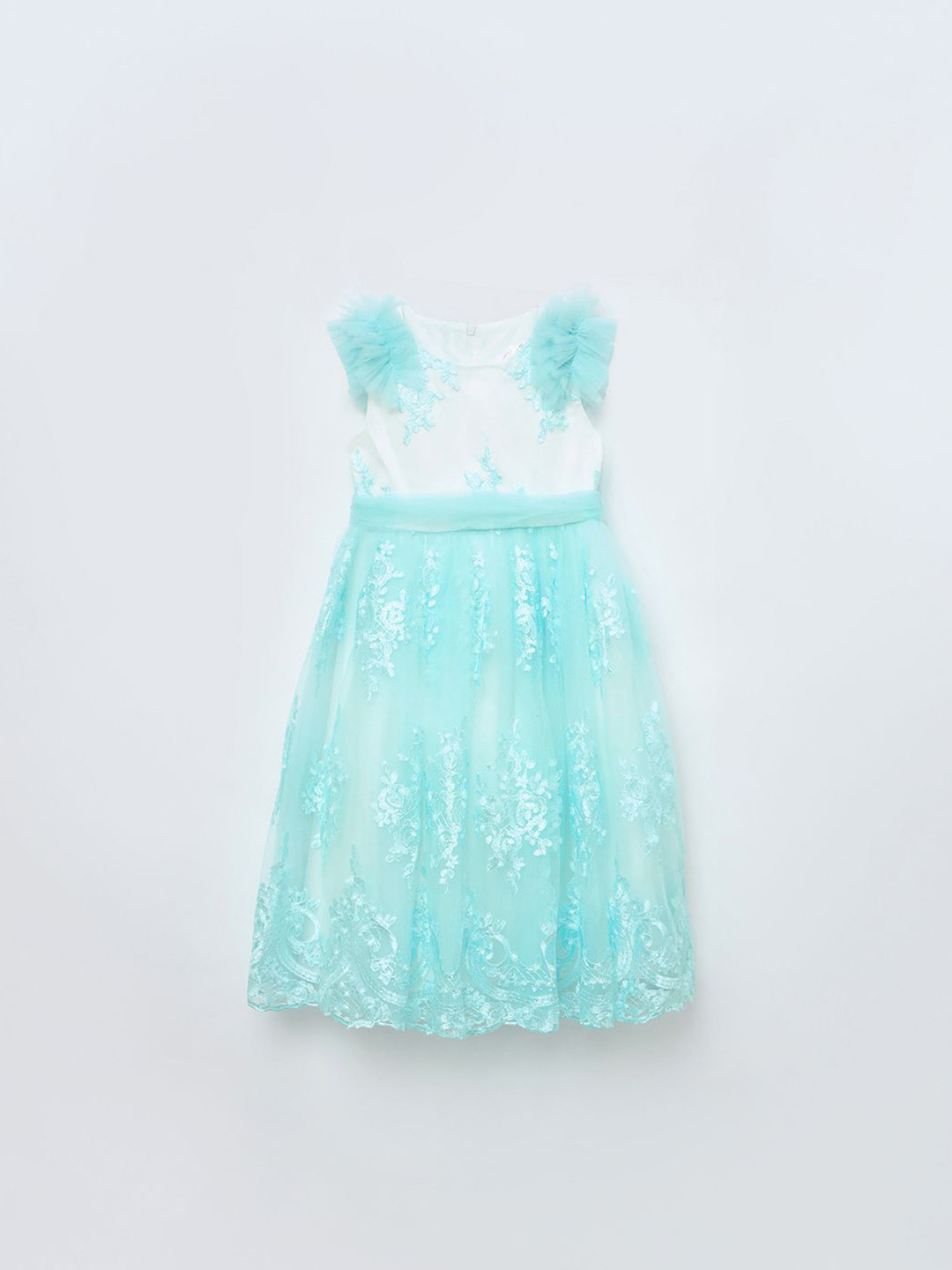 Blue Giraffe Girls Ethnic Motifs Embroidered Ruffled Tulle Fit & Flare Midi Dress