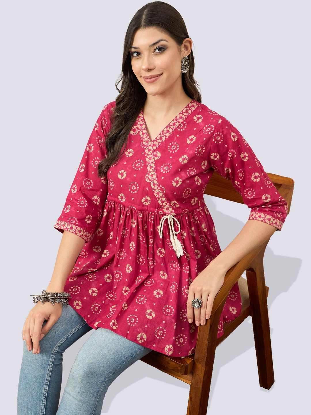 VANSIRI Women PINK Cotton Printed Tunic with Tassel Tie Detail