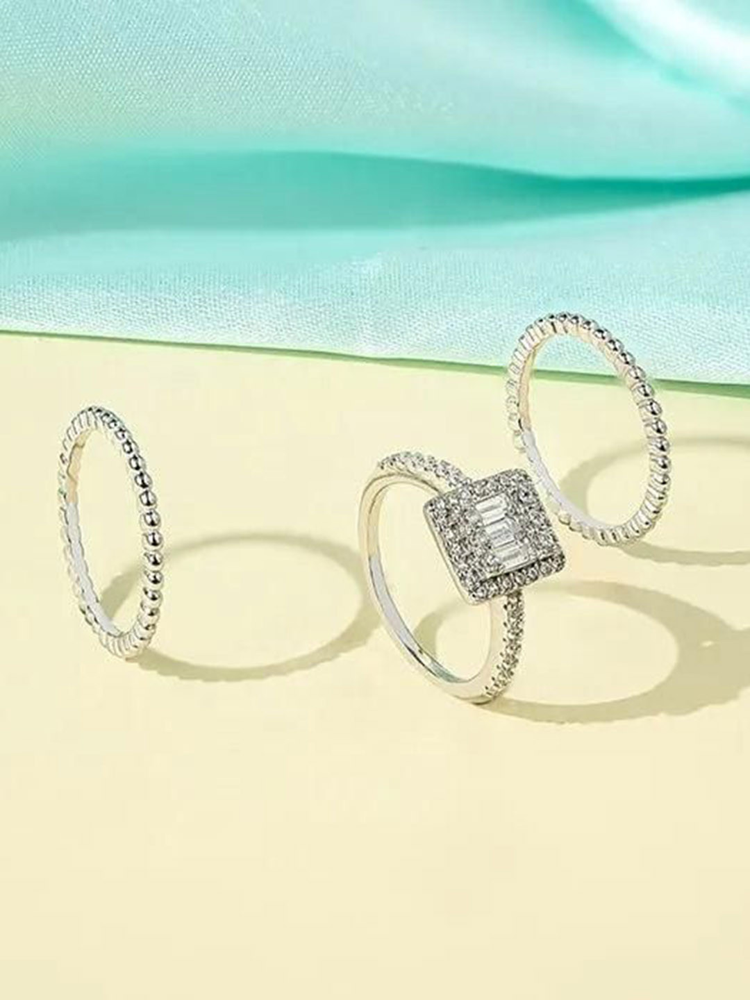 TOUCH925 Set Of 3 925 Silver Cubic Zirconia Stone-Studded Stackable Finger Rings