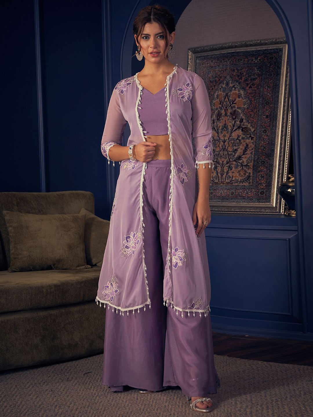 Chhaap Women Embroidered Lavender Coord With Shrug