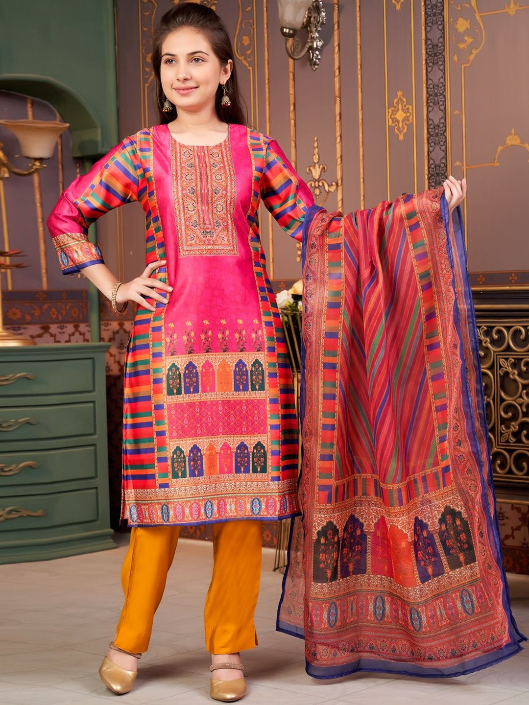 Muhuratam Girls Ethnic Wear Rani-Mustard Colour Abstract Embalished Satin Kurti Pant Set