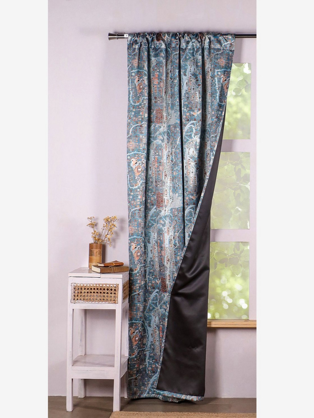 HOMEMONDE Blue & Fluorescent Green Printed Black Out Window Curtain