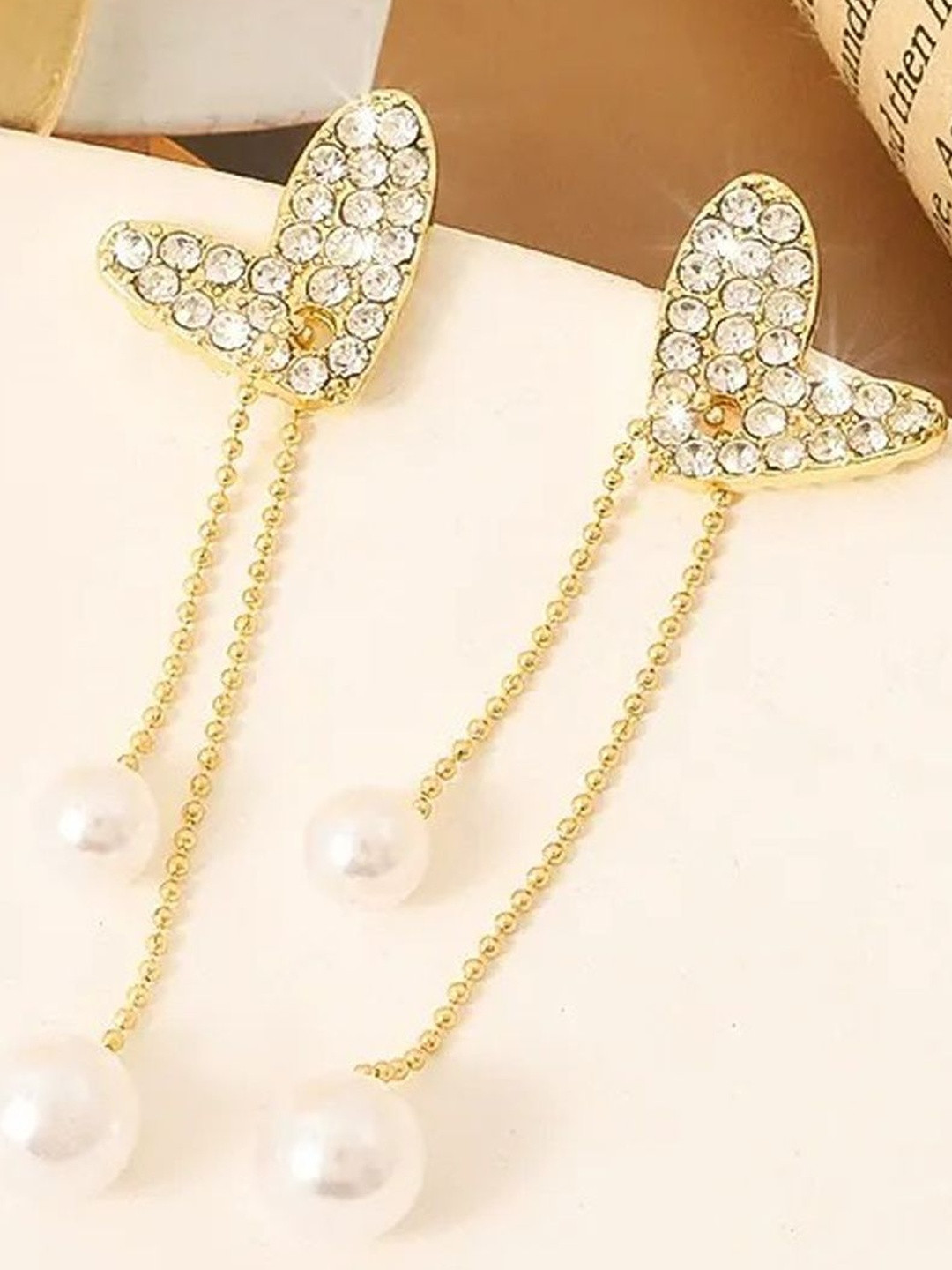 FIMBUL Women Gold-Toned Heart Shaped Pearl Drop Earrings with Crystals