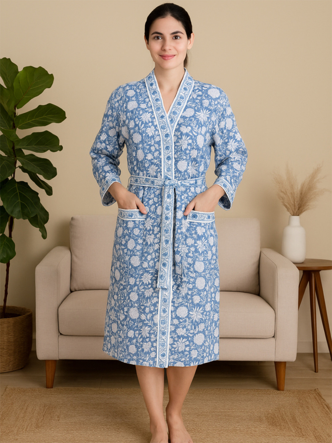 LIVING ROOTS Handblock Printed Cotton Bathrobe