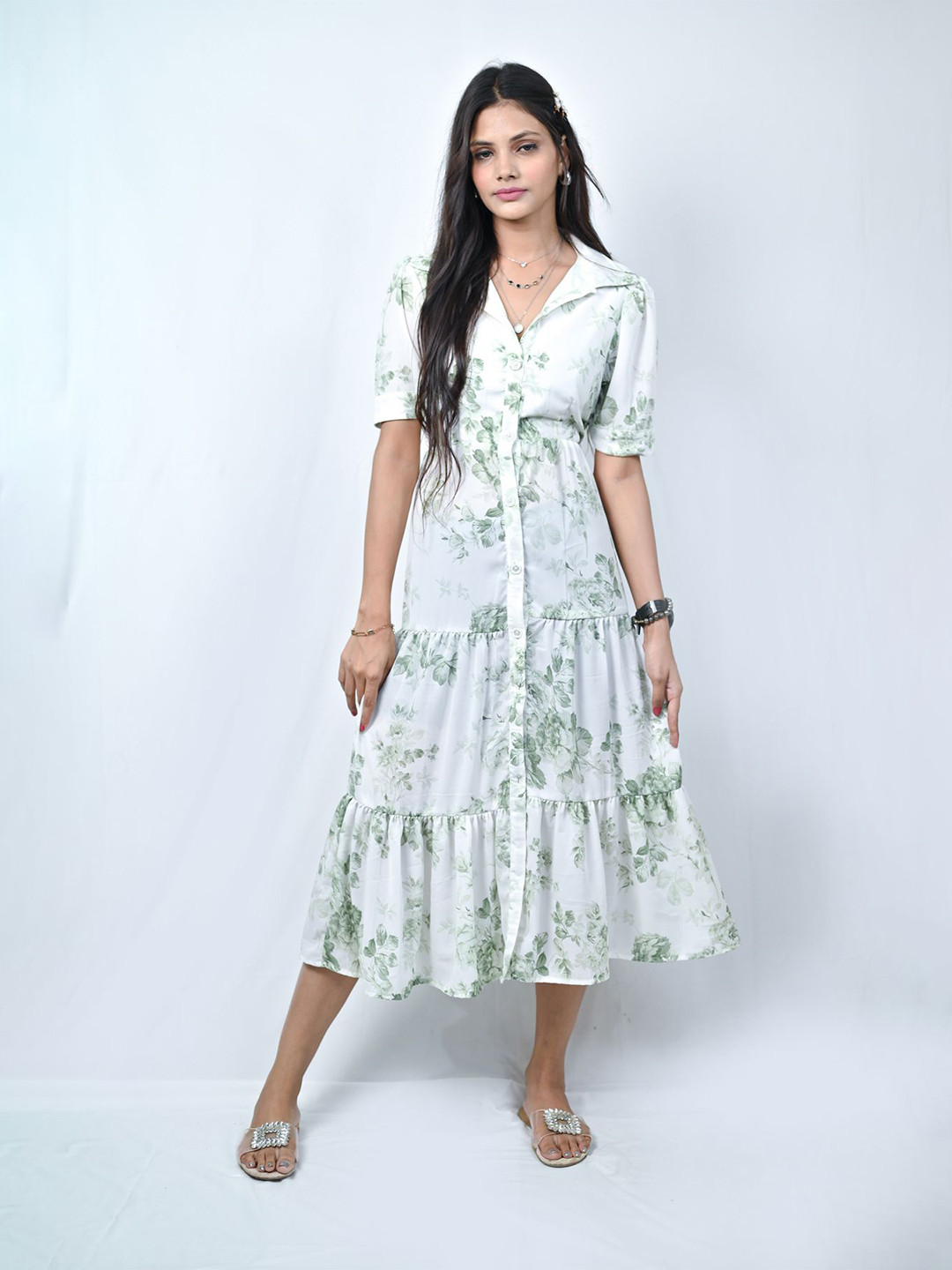 BELLE NOOR Women Floral Printed Shirt Midi Dress