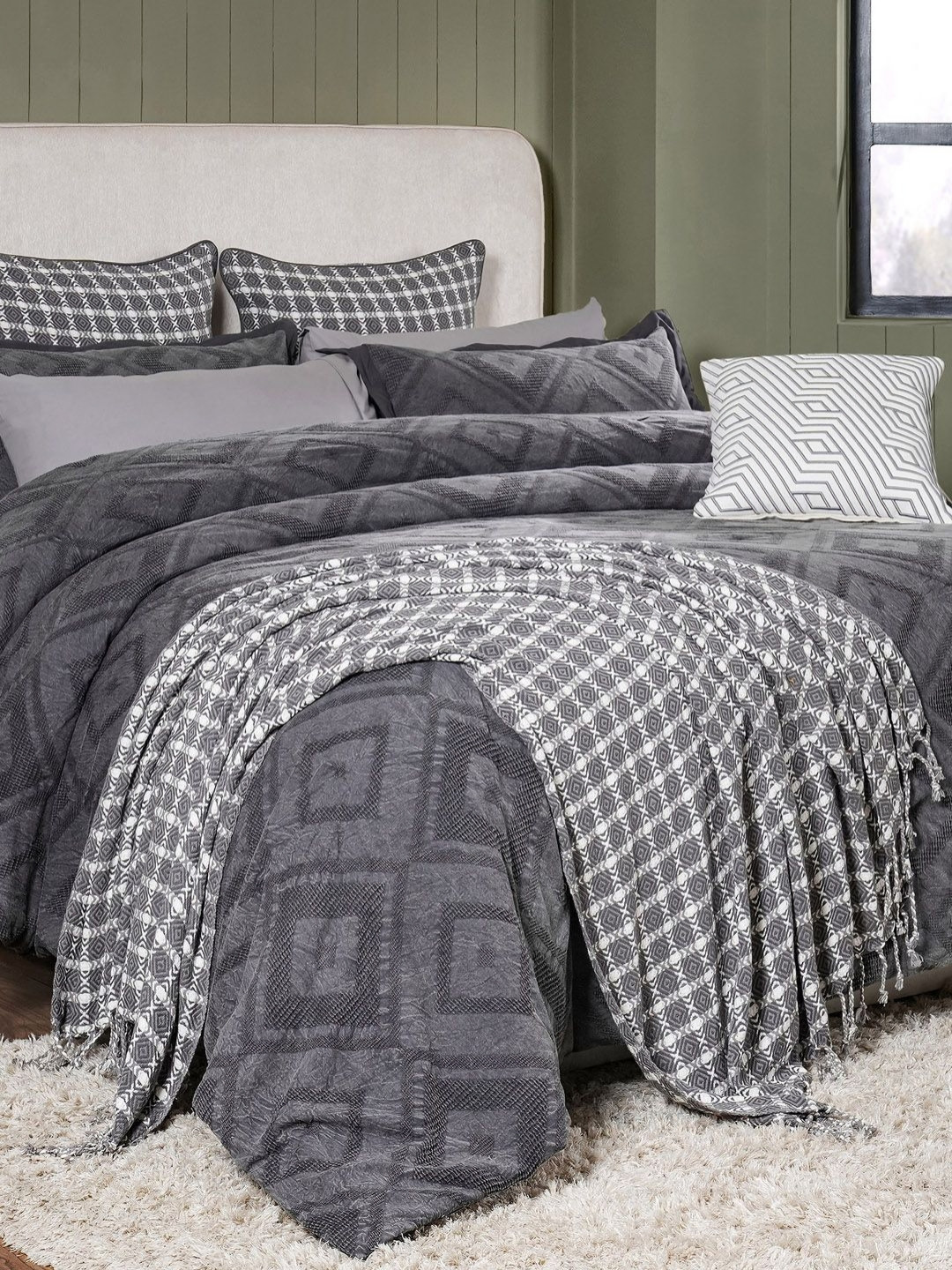 MASPAR Grey Self Design Pure Cotton Double Queen Regular Bedding Set