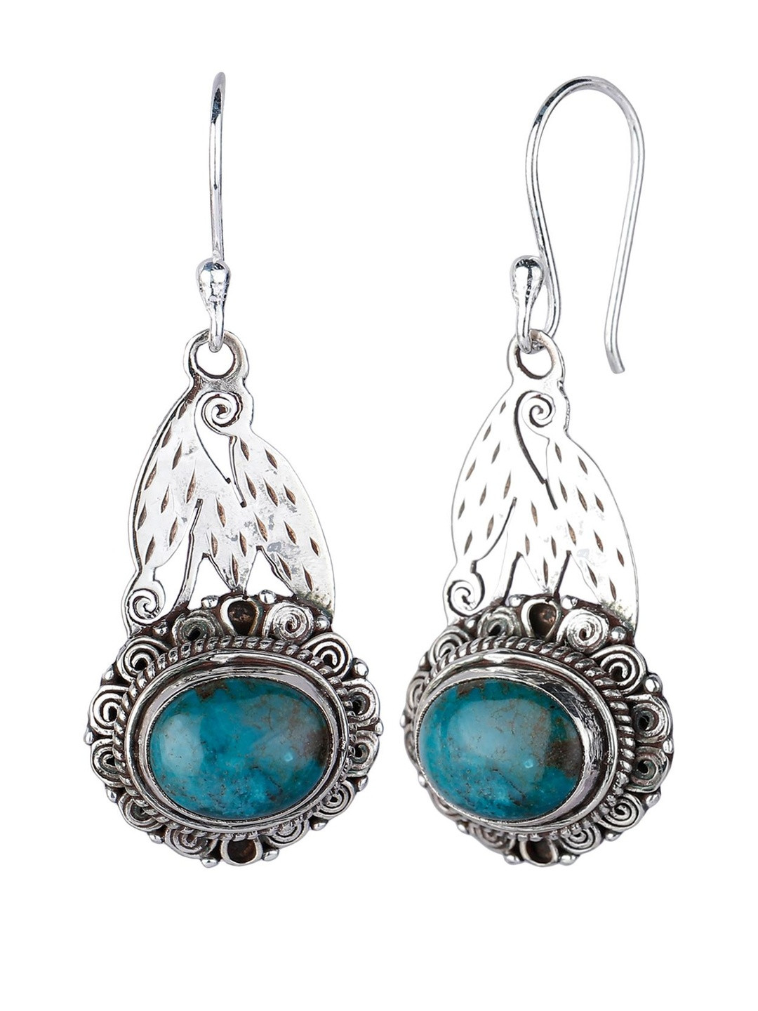 Exotic India Sterling Silver Spherical Shaped Turquoise Studded Drop Earrings