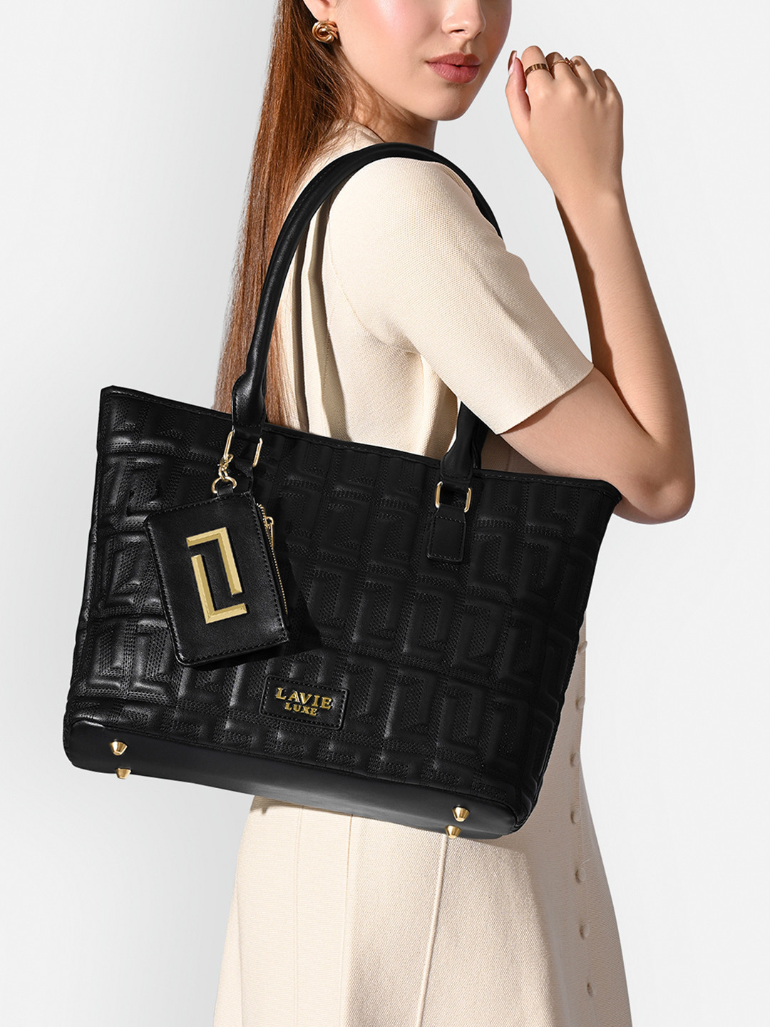 LAVIE LUXE Women Textured Structured Quilted Tote Bag with Pouch