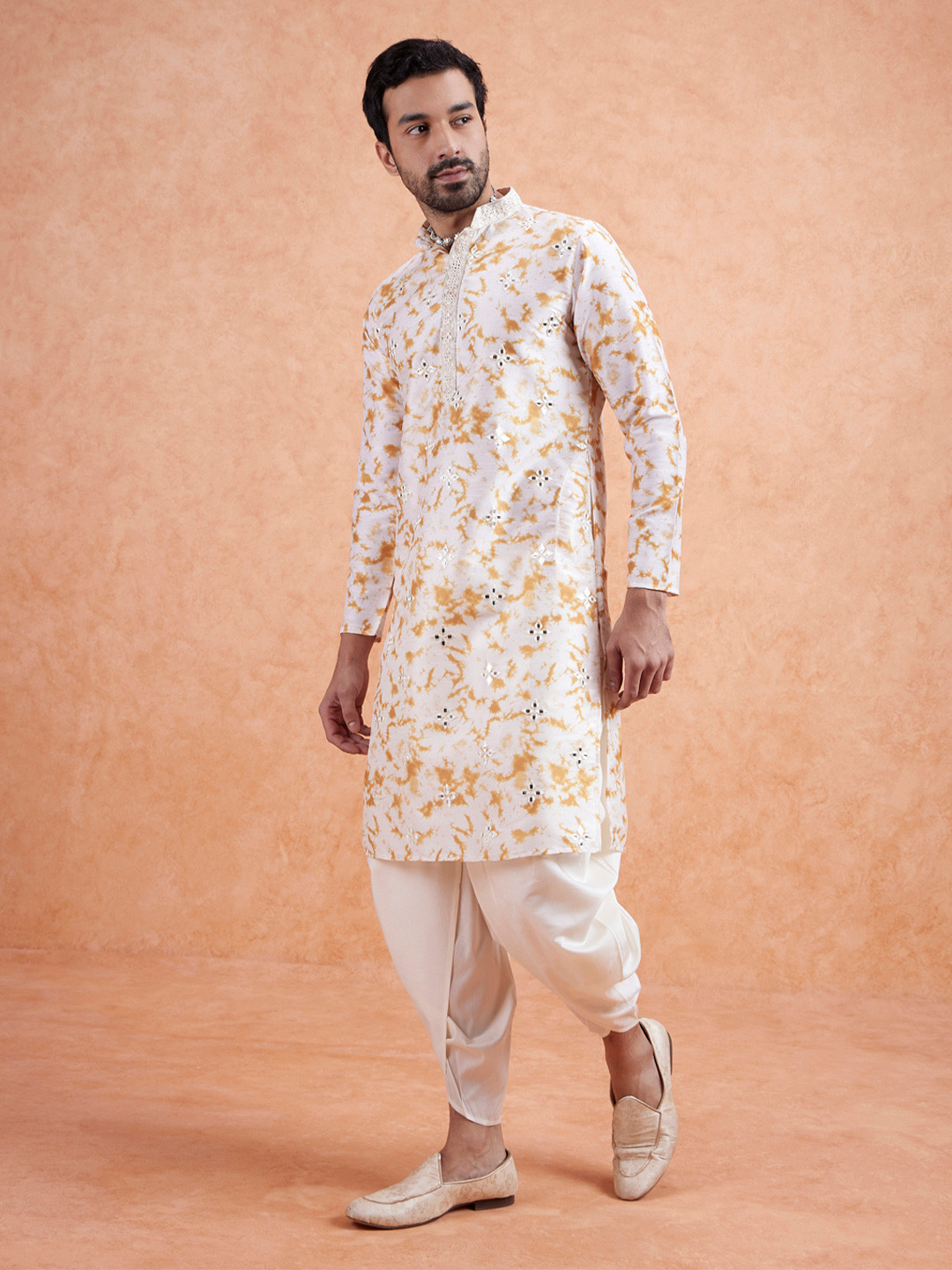 KISAH Men White Printed Mirror Work Kurta with Dhoti Pants