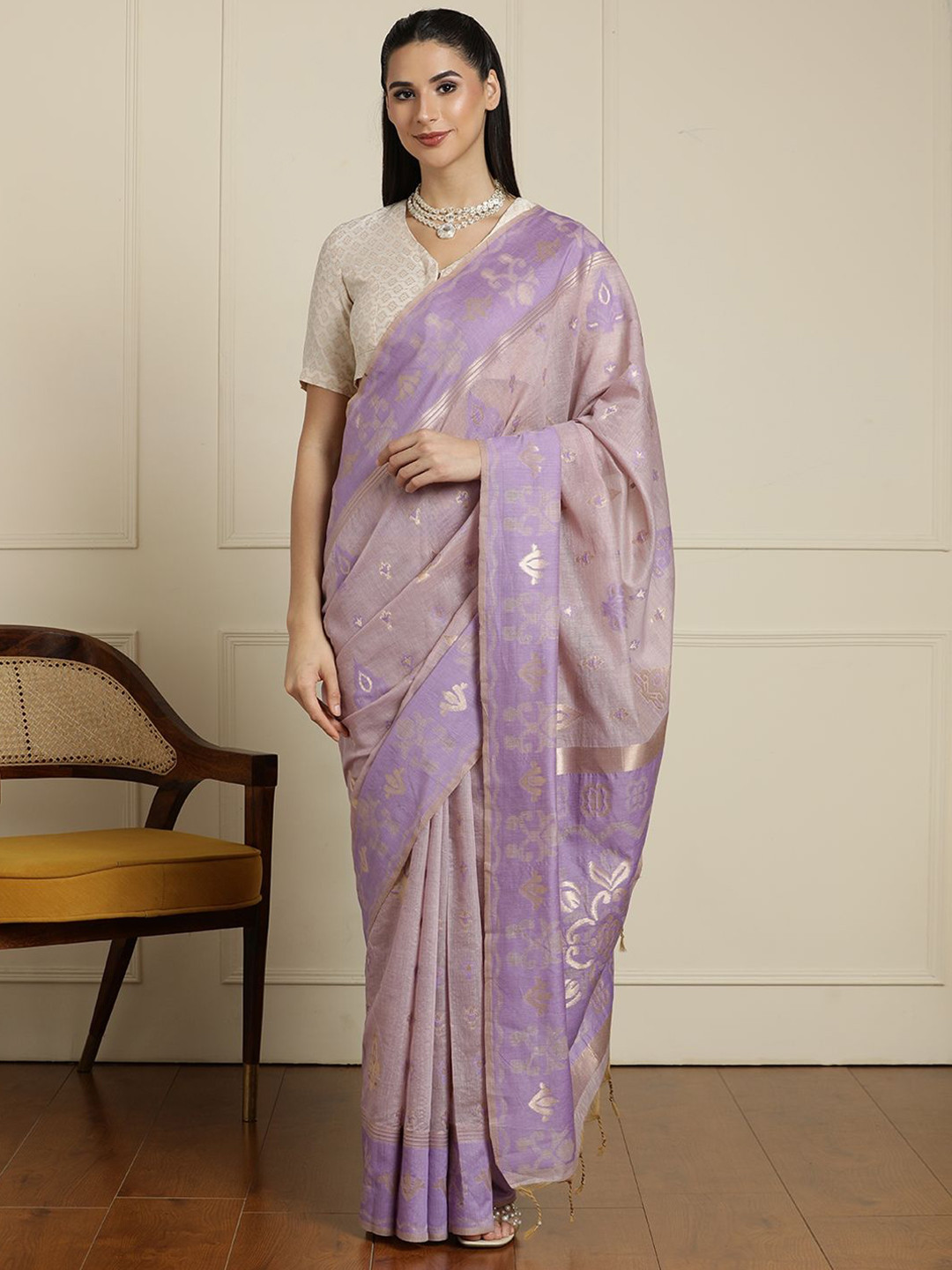 House of Pataudi  Ethnic Motifs Woven Design Chanderi Saree With Unstitched Blouse