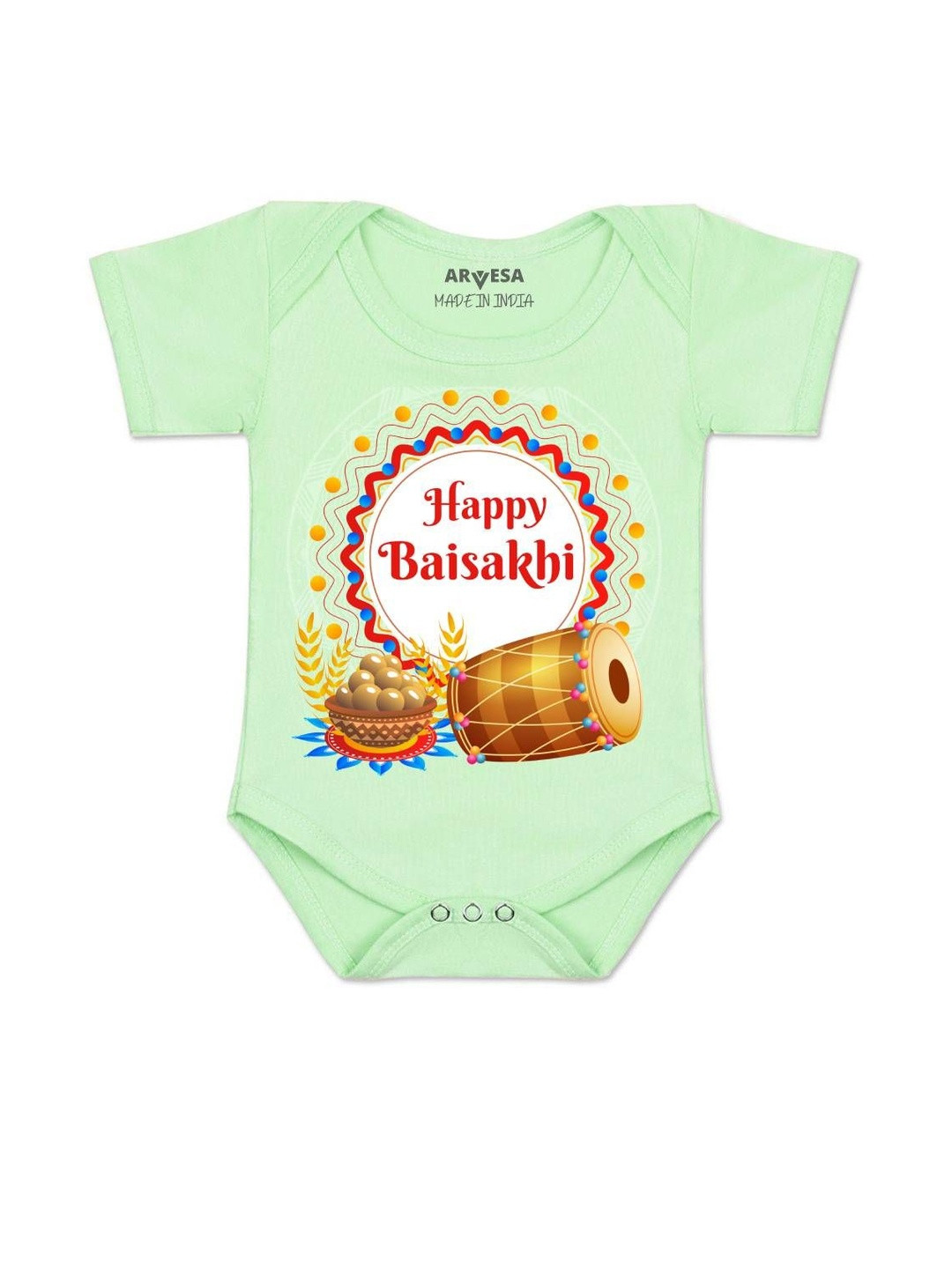 Arvesa Kids Baisakhi Printed Envelope Neck Short Sleeve Bodysuit