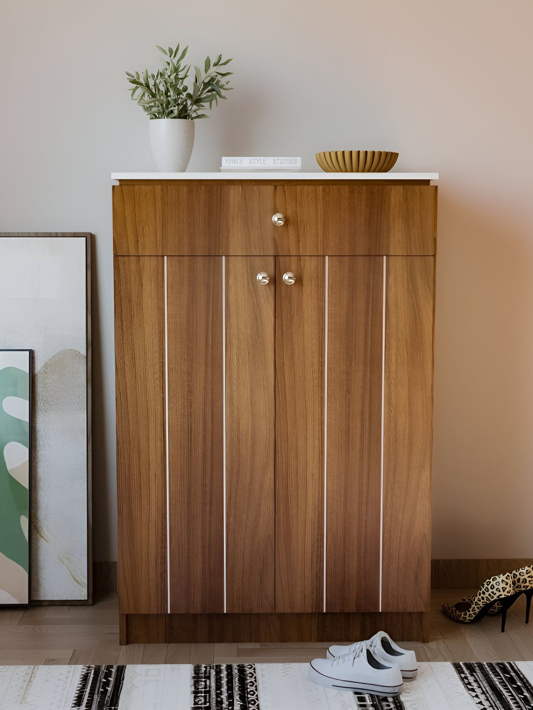 neuspace Brown 4-Tier Engineered Wood Storage Shoe Rack With Door