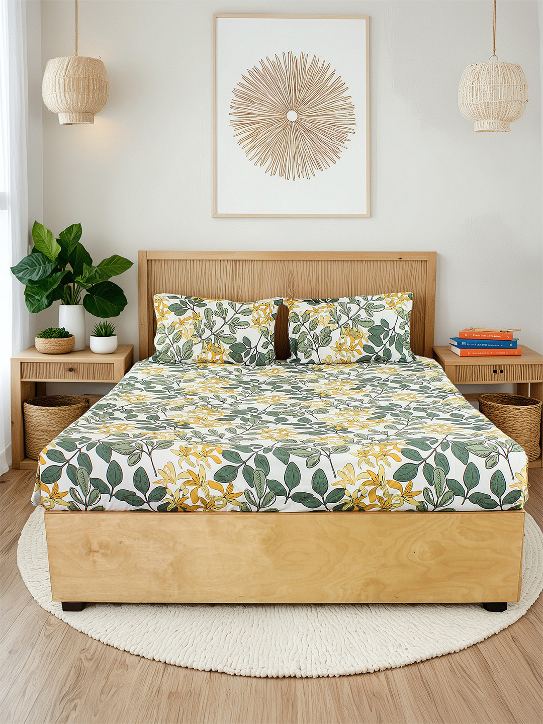 House This Green & Yellow Floral 180 TC Queen Bedsheet with 2 Pillow Covers