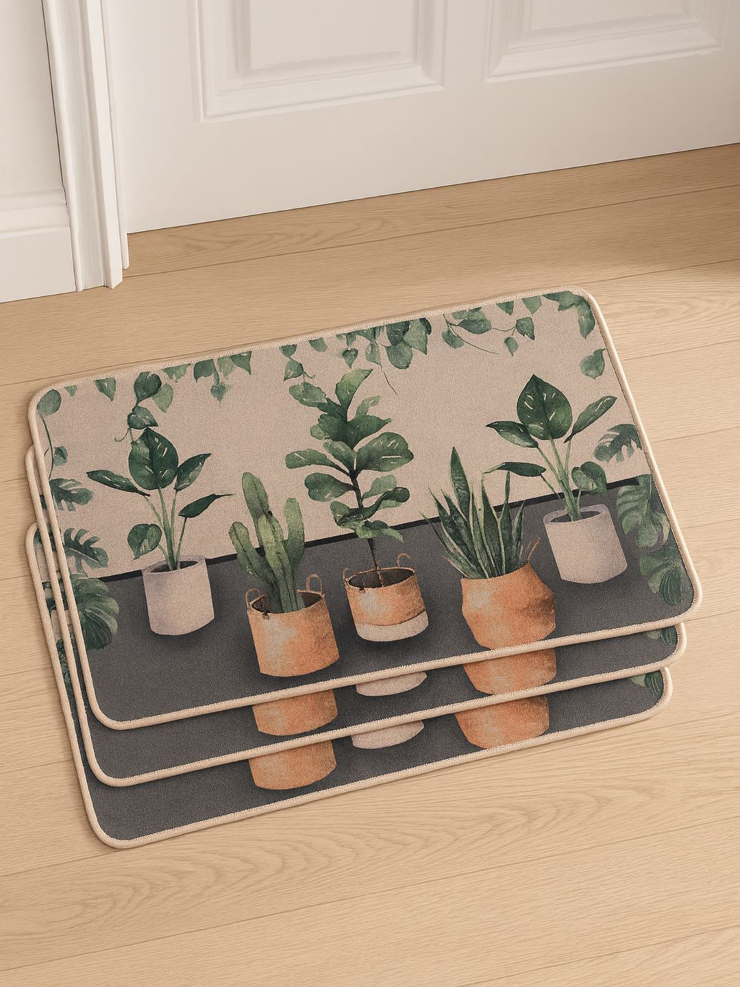 Kuber Industries Unisex Brown & Green 3 Pieces Floral Printed Doormats