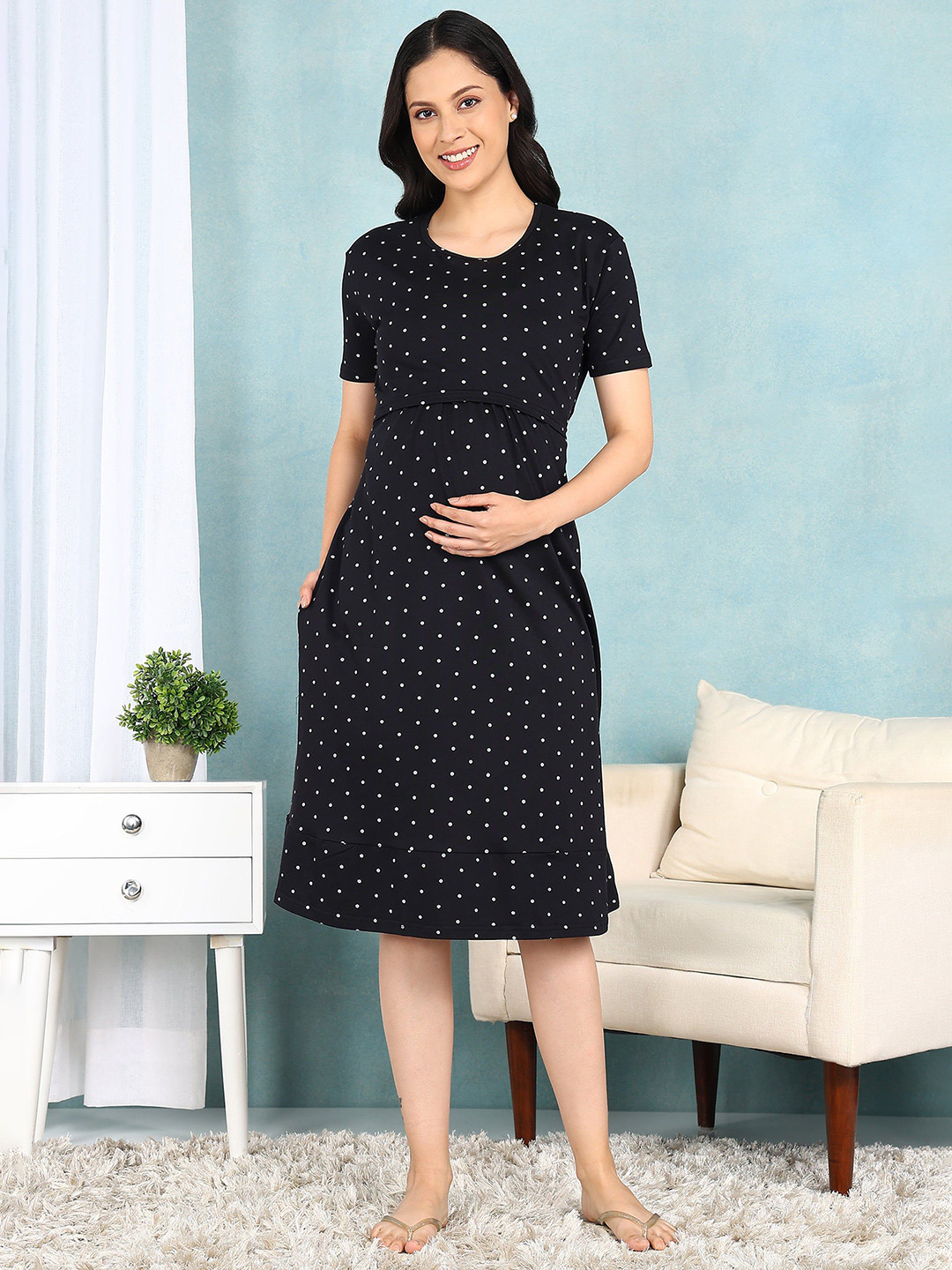 Moms Ever Black Polka Cross-neck Maternity Loungewear Dress