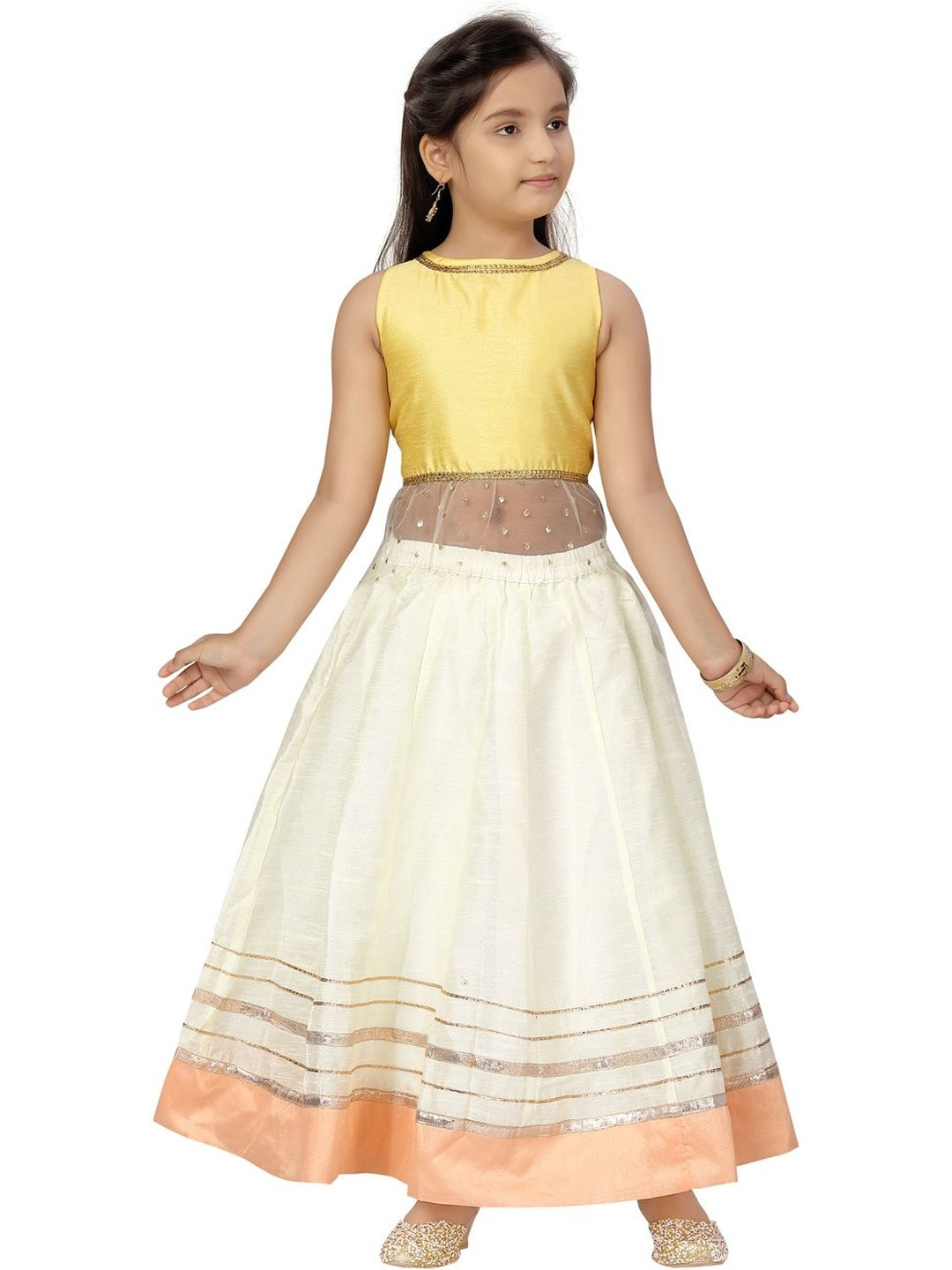 Muhuratam Girls Yellow & Cream Sequinned Lehenga Choli set