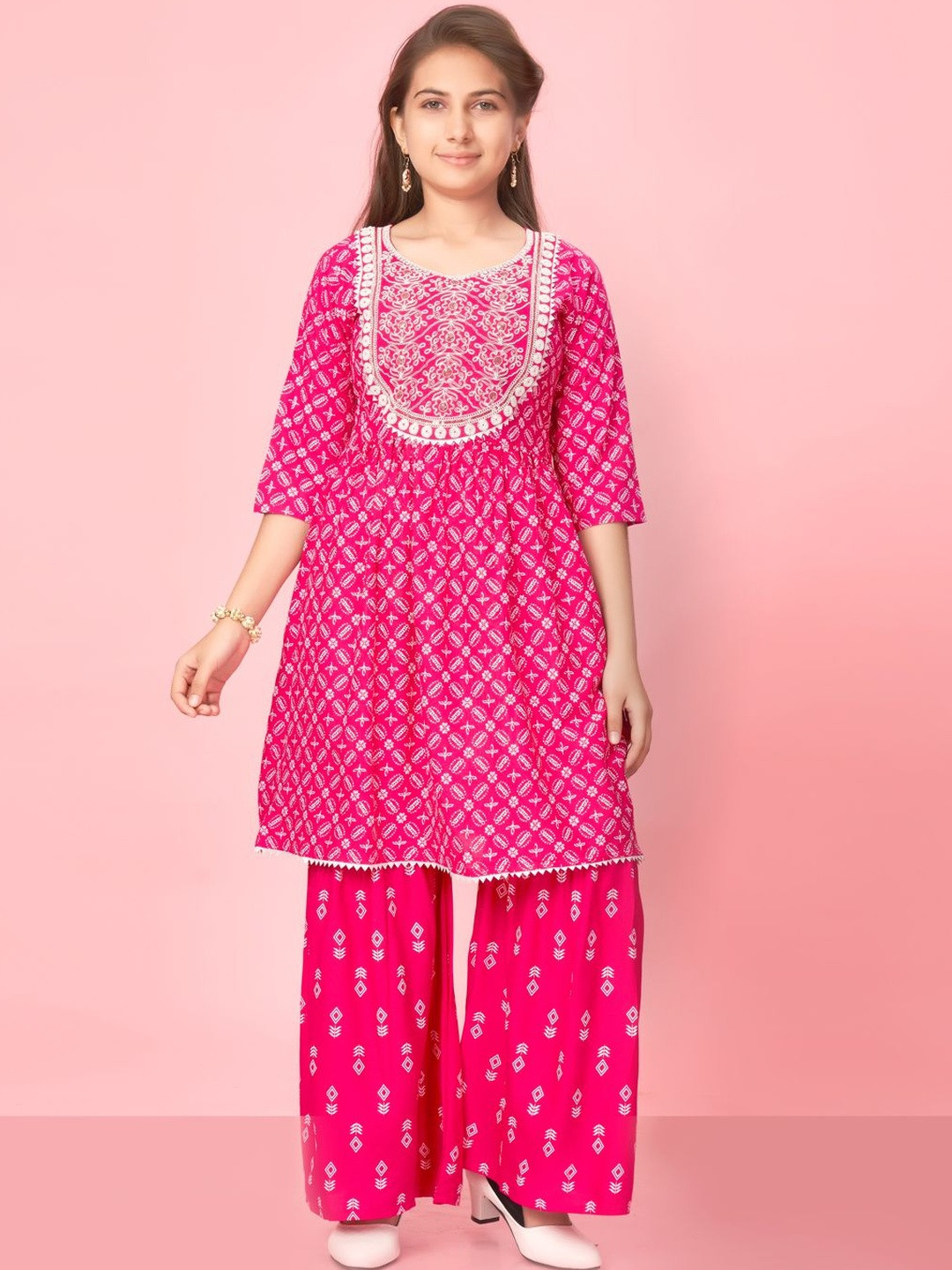 Muhuratam Girls Rani Colour Cotton Embroidery Kurti Sharara Set