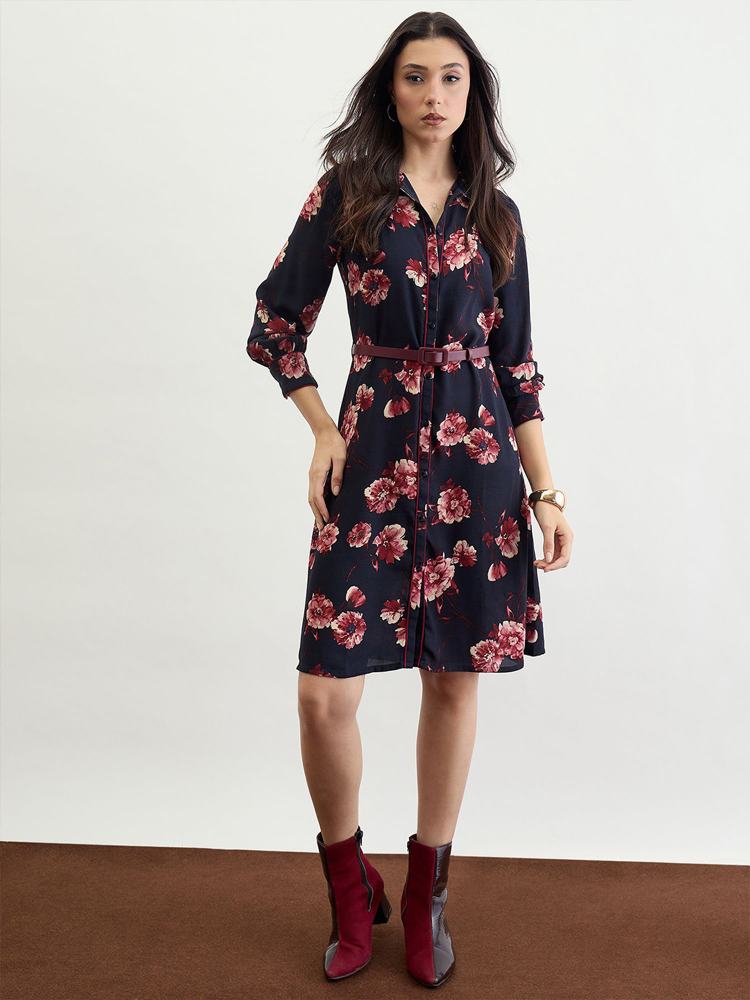 Iconic Women Floral Printed Shirt Collar Fit and Flare Above Knee Dress Comes with a belt