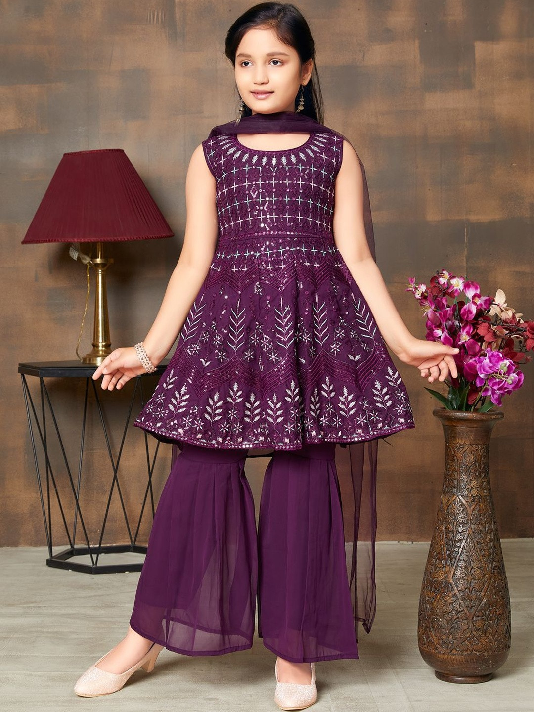 Muhuratam Girls Ethnic Wear Purple Colour Sequin Embroidery Georgette Kurti Sharara Set