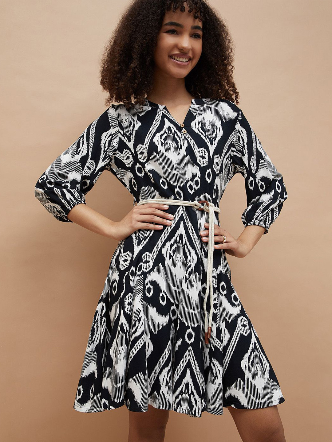 Fame Forever by Lifestyle Women Ikat Printed Belted Fit & Flare Dress