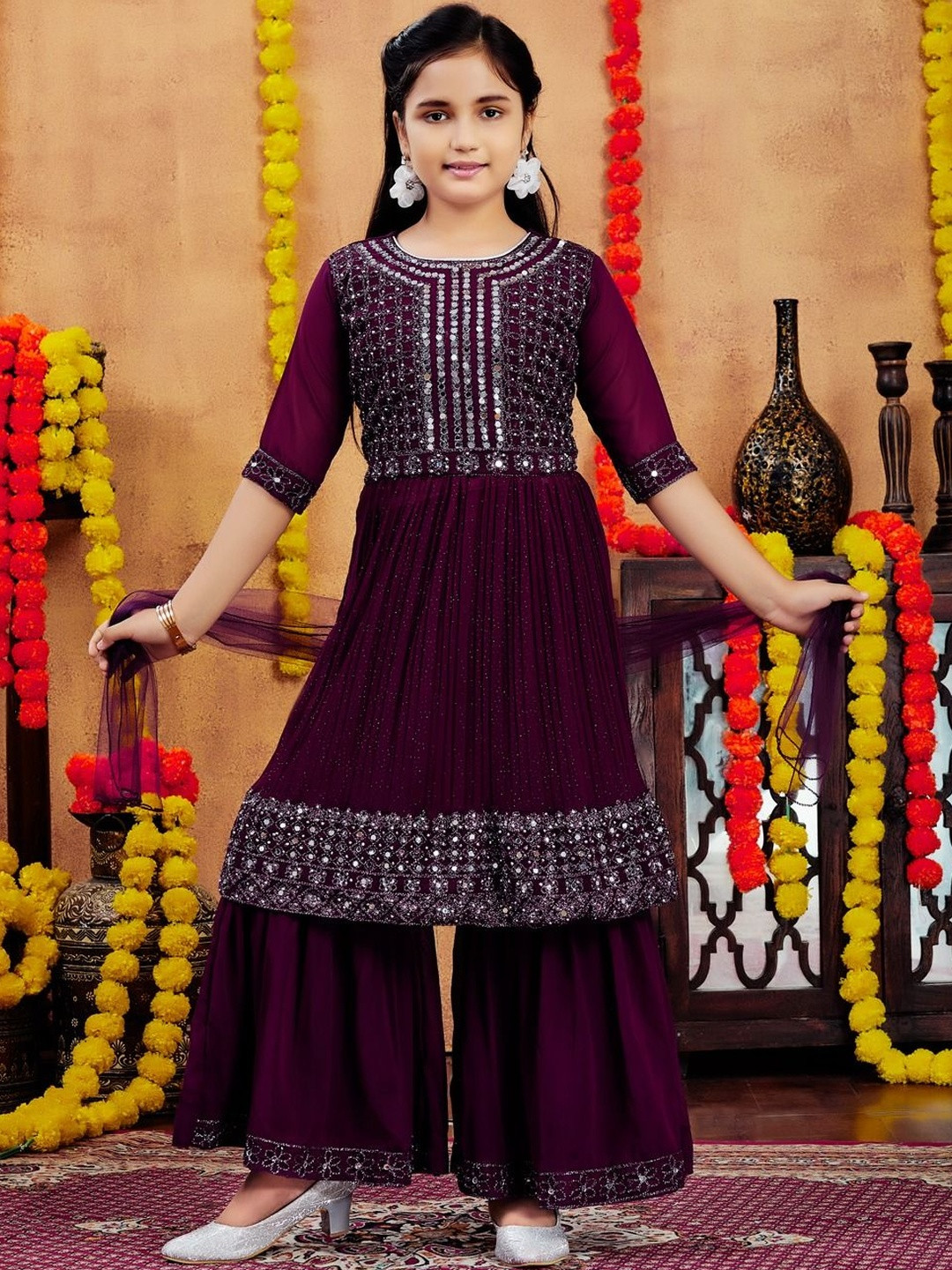Muhuratam Girls Ethnic Wear Purple Colour Mirror Embroidery Georgette Kurti Sharara Set