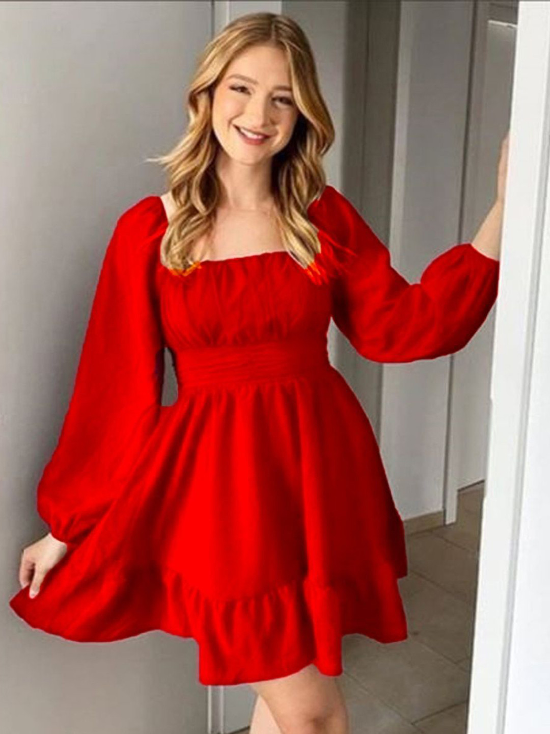 SARTHAKHUB Puff Sleeve Ruffled Crepe Fit & Flare Mini Dress