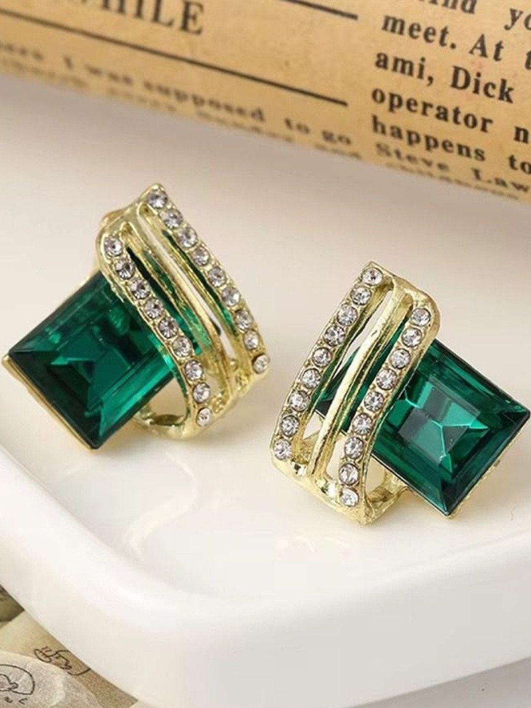Tiso Women Green AD Stone Emerald Gold Stud Earrings With Crystal Tops