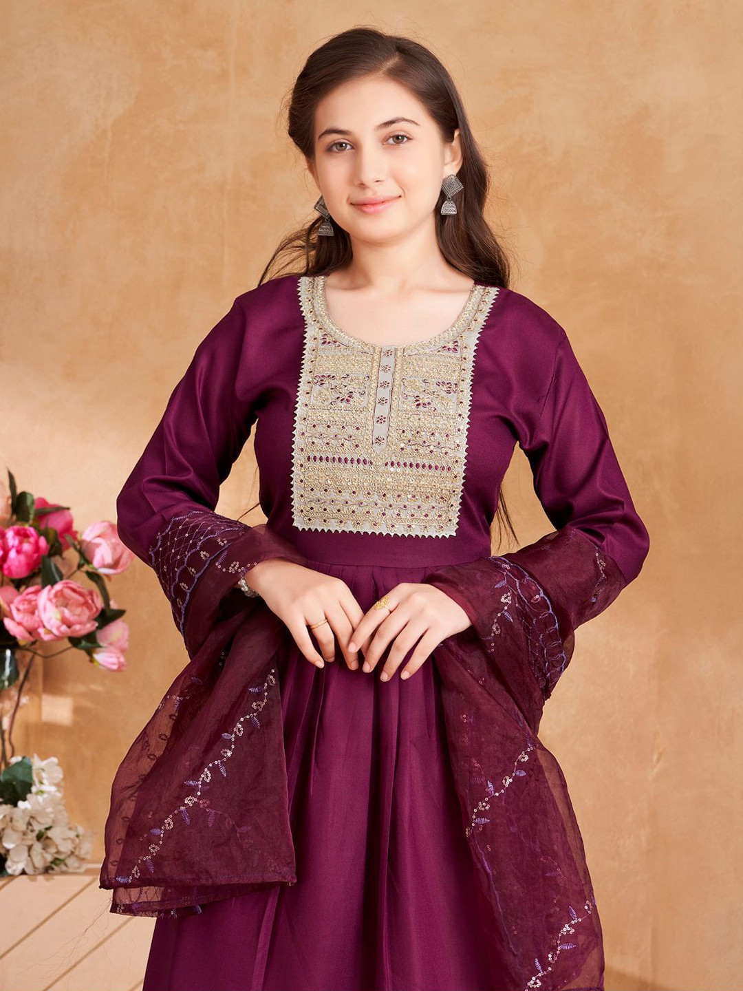 BAESD Girls Ethnic Motifs Yoke Design A-Line Zari Embroidery Cotton Kurta
