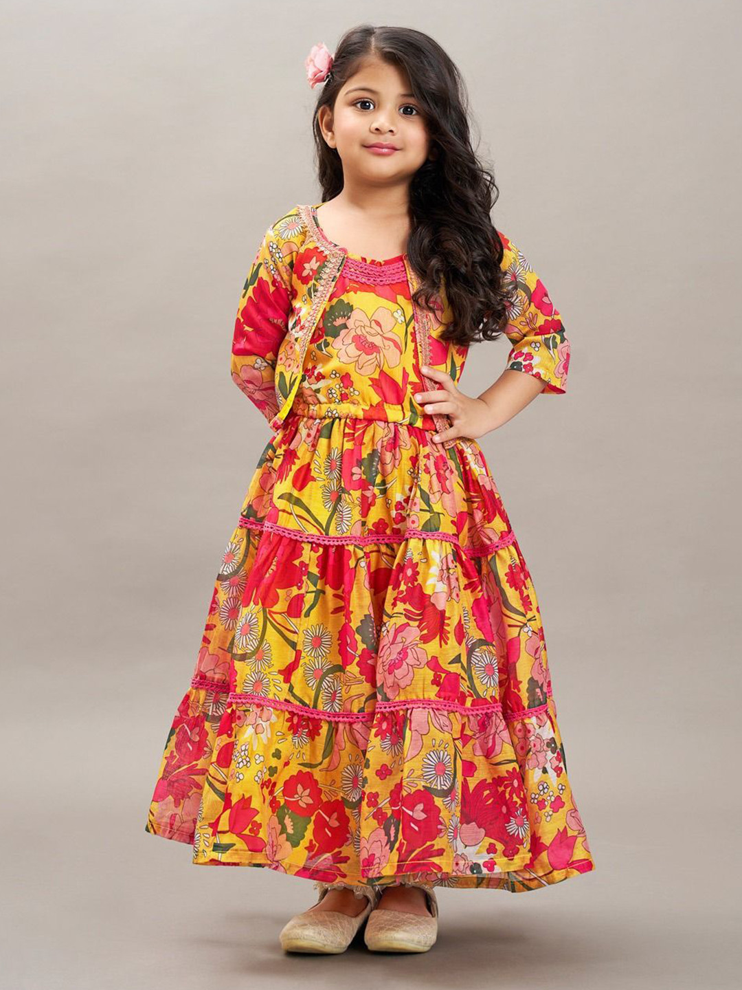 Bitiya by Bhama Girls Floral Print Tiered Gown Maxi Dress with Jacket