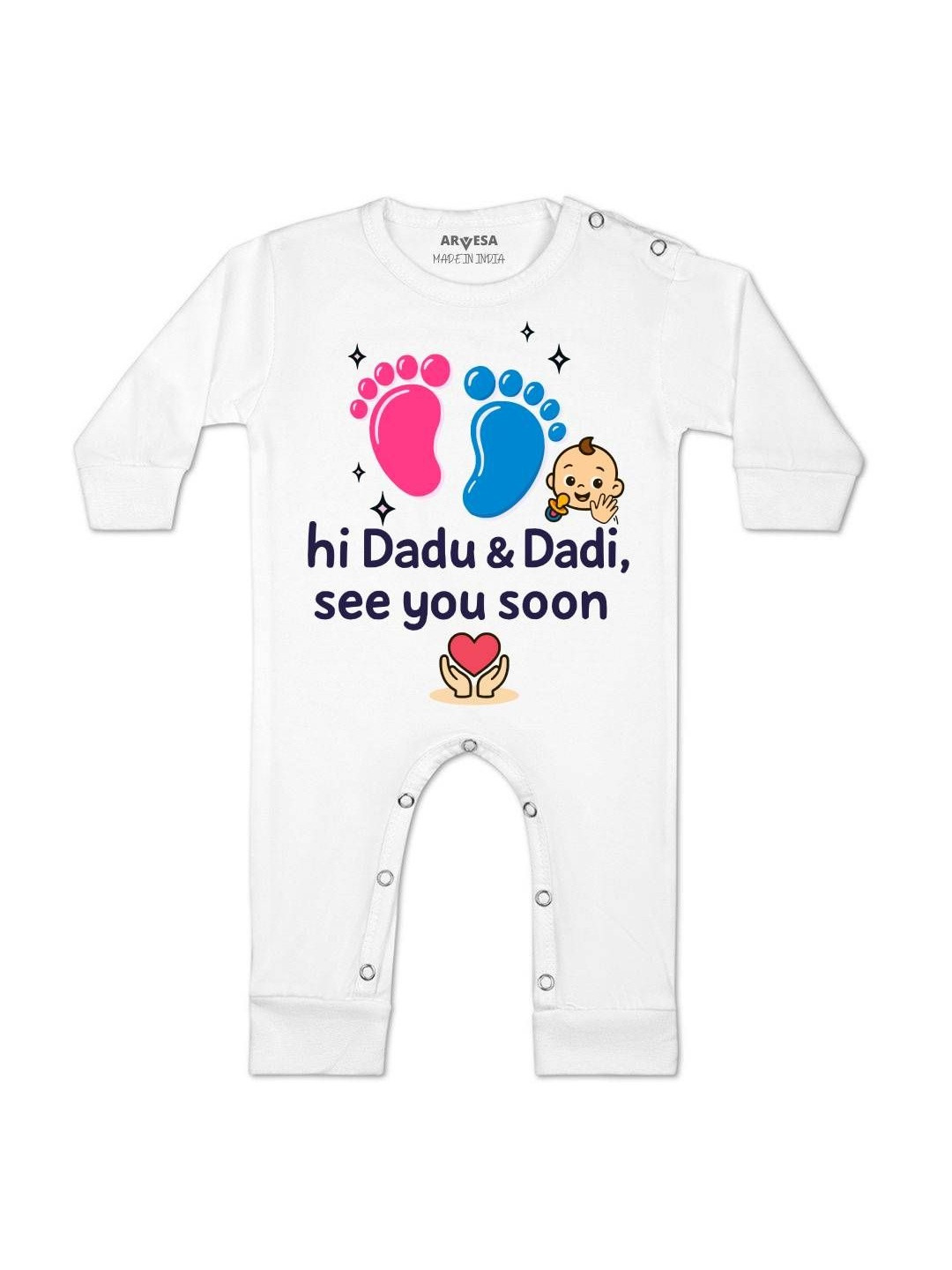 Arvesa Infants Hi Dadu & Dadi See You Soon Printed Baby Rompers