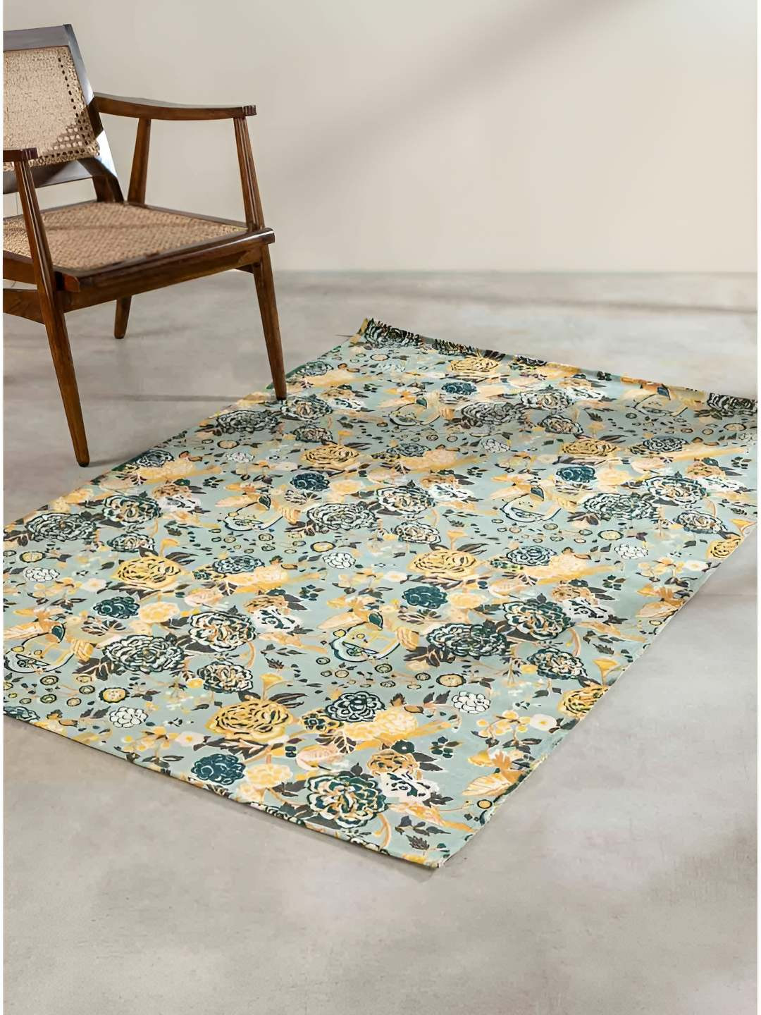 FREEDOM TREE Damask Rose Blue & Yellow Floral Printed Cotton Dhurrie