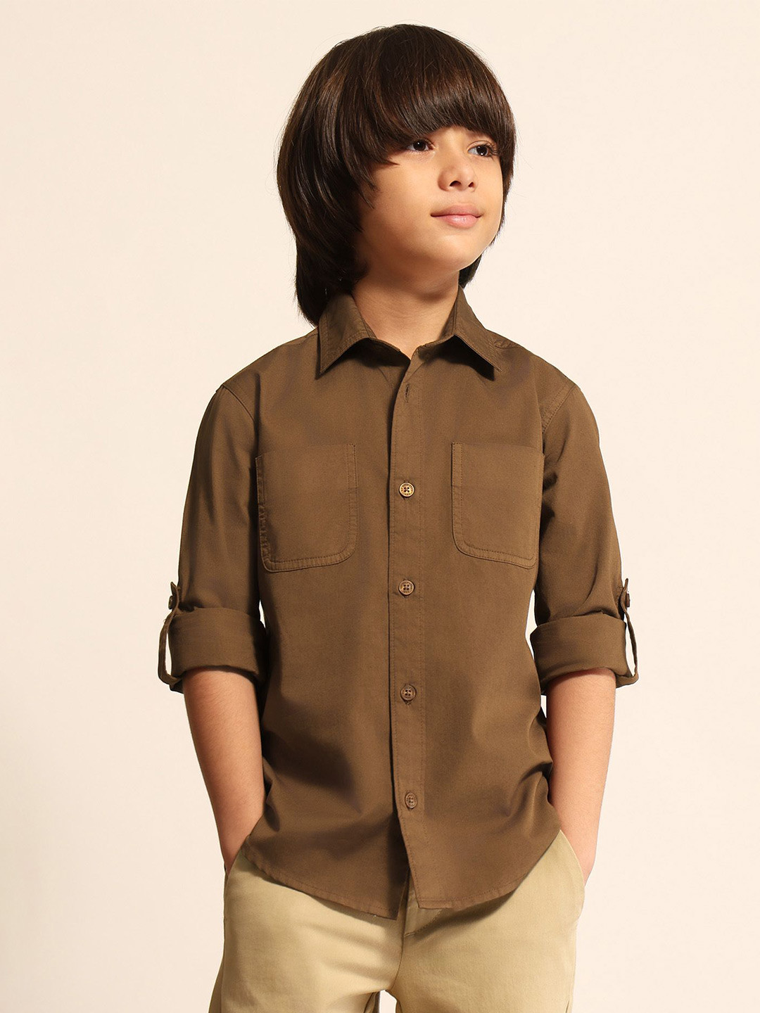 U.S. Polo Assn. Kids Boys Roll-Up Sleeves Twill Weave Pure Cotton Casual Shirt