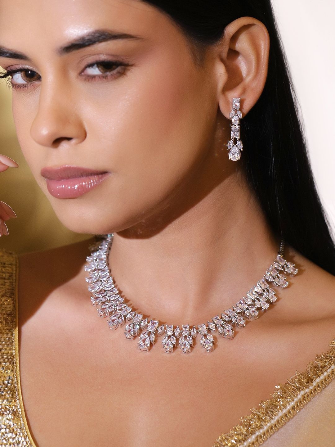 Rubans Rhodium-Plated Sparkling Cubic Zirconia Studded Fringe-Style Statement Necklace Set