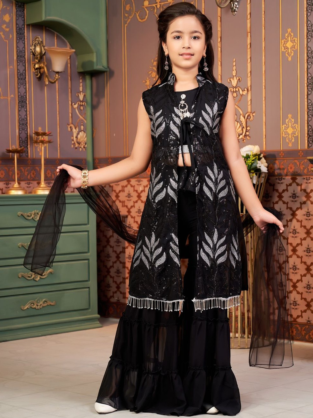 Ethnic Wear Black Sequin Thread Embroidery Georgette Kurti Sharara Set With Shrug Dupatta