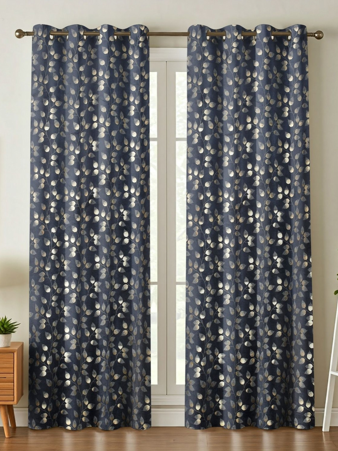 Kiara Creations Navy Blue & Gold-Toned 2 Pieces Floral Room Darkening Long Door Curtain