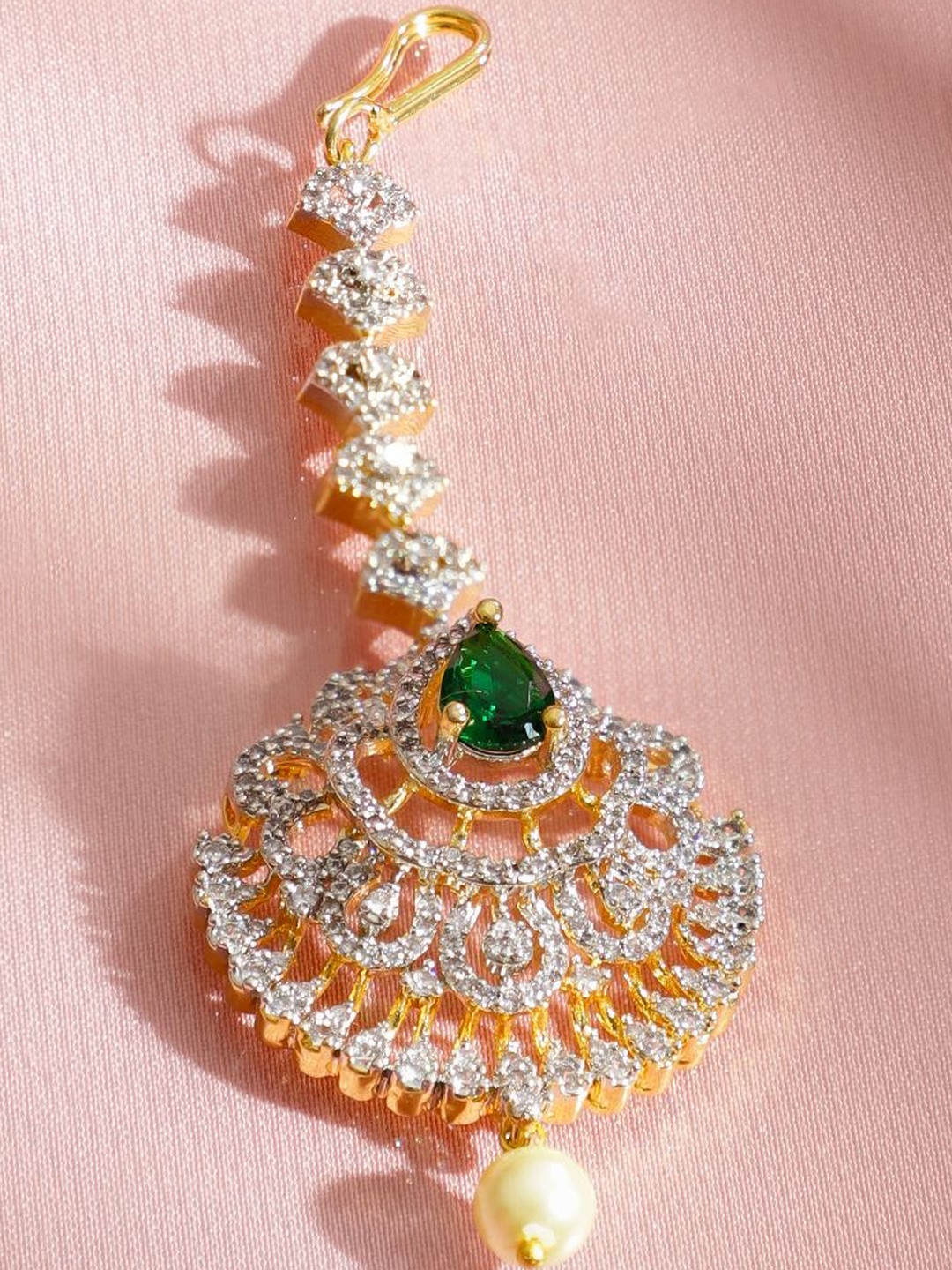 Rubans 18K Gold-Plated Emerald & Cubic Zircoina Studded Maang Tikka